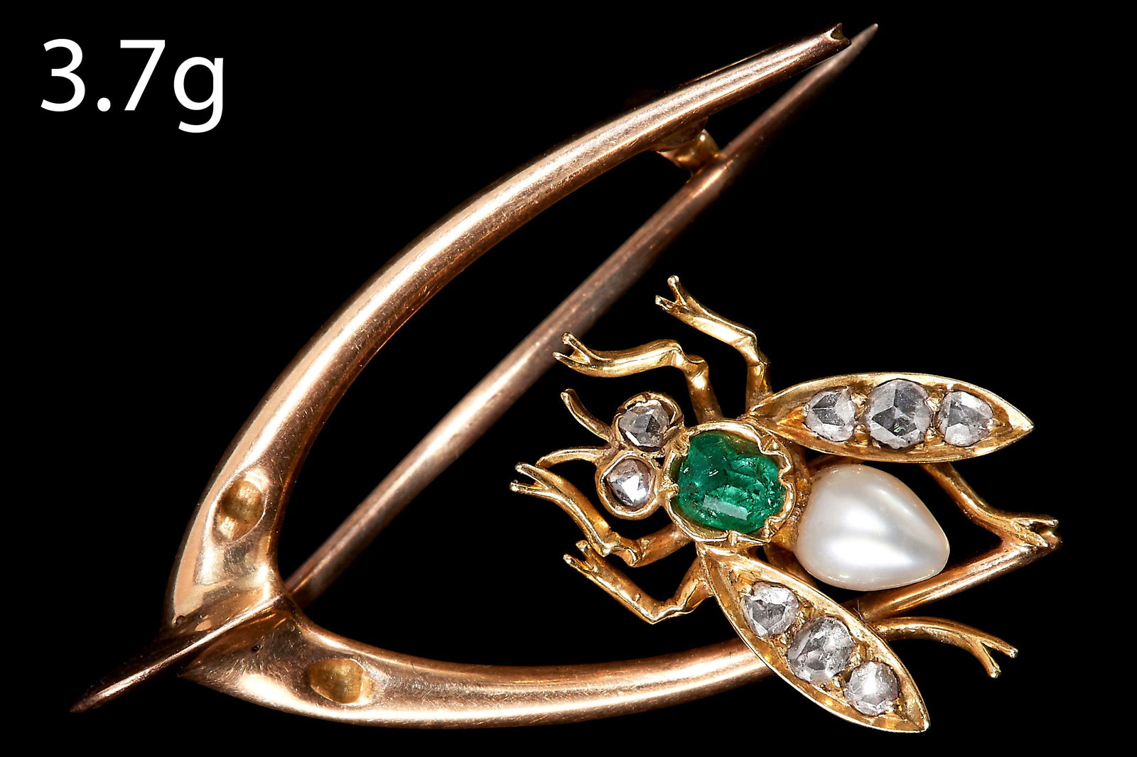 ANTIQUE DIAMOND, EMERALD AND PEARL  WISHBONE INSECT BROOCH (1 of 1)
