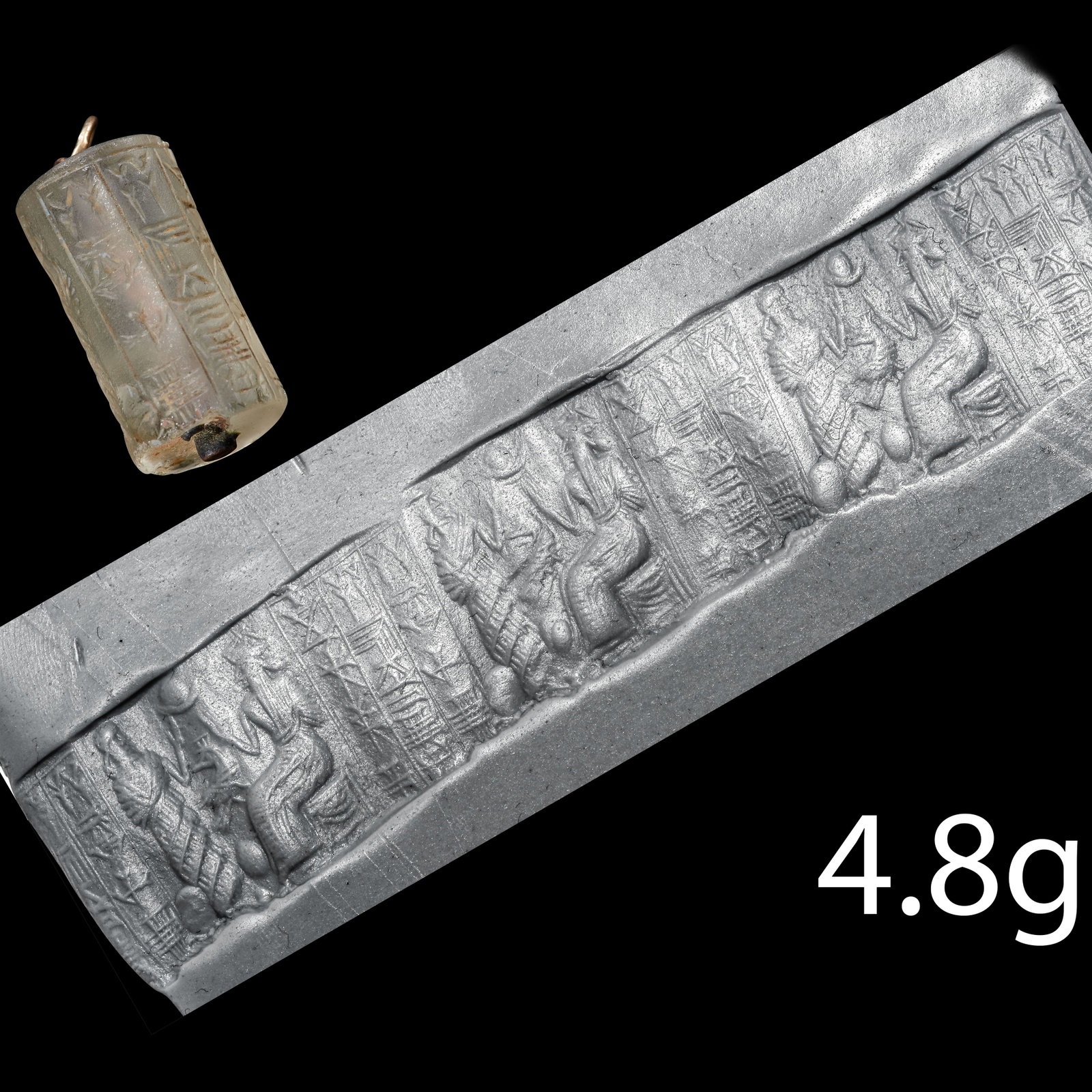 RARE ANTIQUE CYLINDER SEAL ROLL, POSSIBLY MESOPOTAMIAN: RARE ANTIQUE CYLINDER SEAL ROLL, POSSIBLY MESOPOTAMIAN, depicting historical scenes. L. 2.3 cm. 4.8 grams.