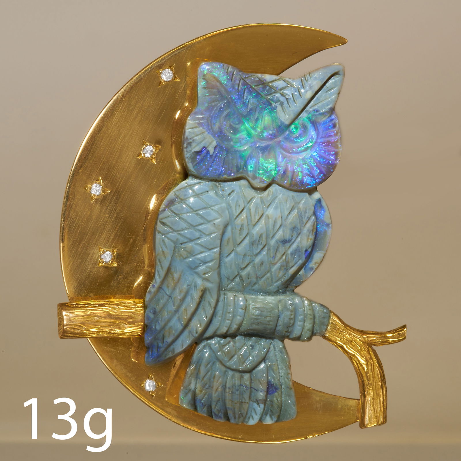CARVED OPAL OWL CRESCENT BROOCH WITH DIAMONDS (1 of 1)