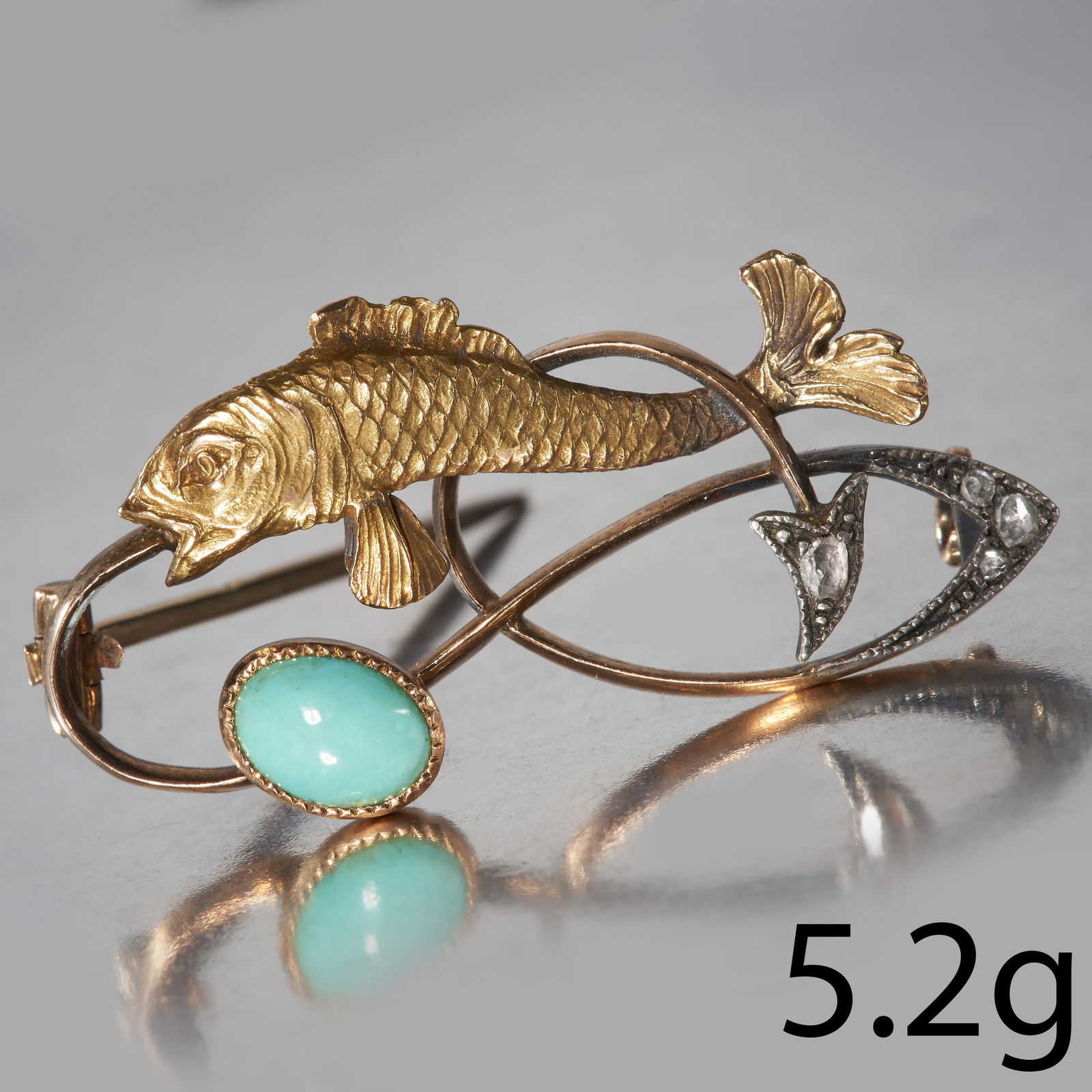 UNUSUAL ART-NOUVEAU TURQUOISE AND DIAMOND FISH BROOCH (1 of 1)