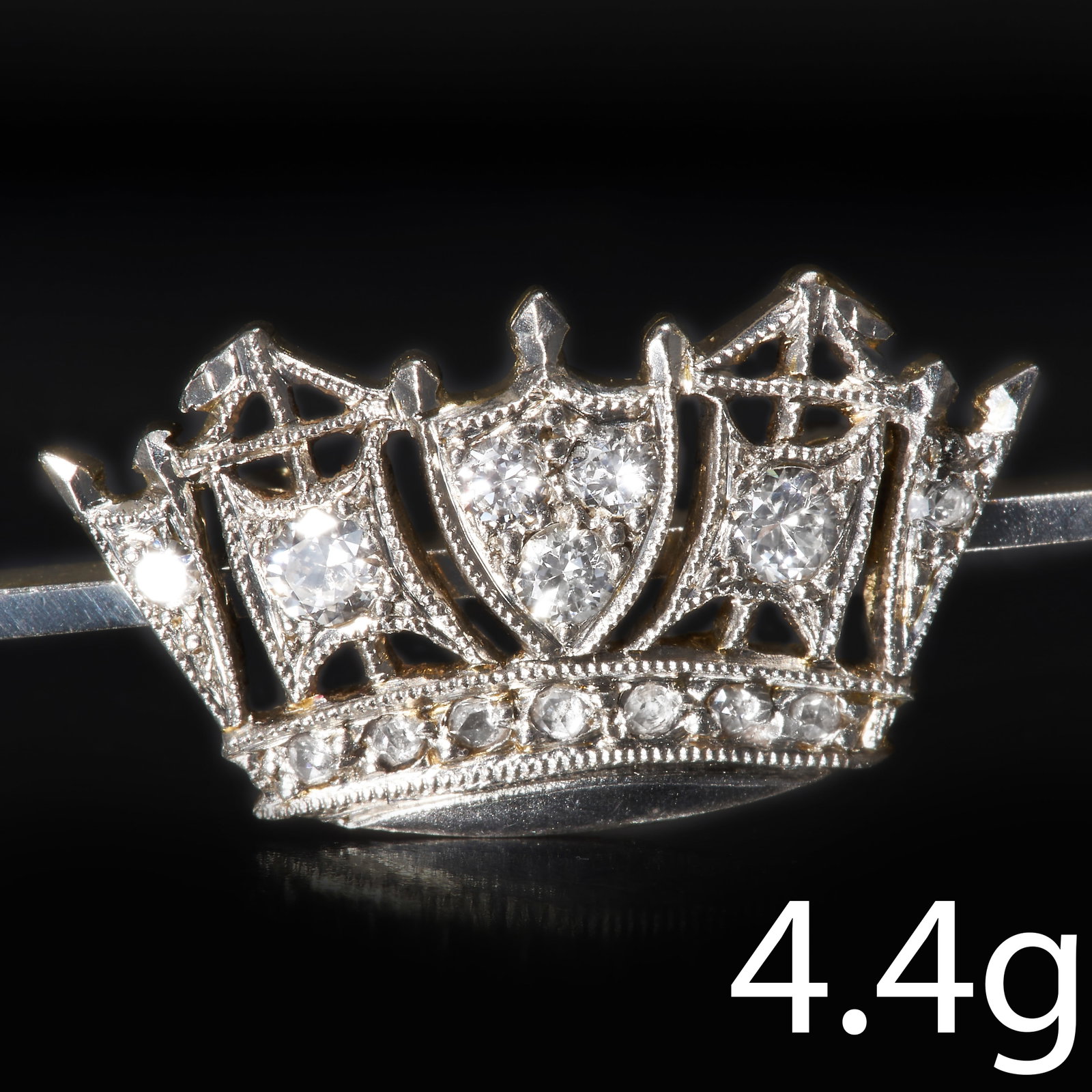 ANTIQUE DIAMOND NAVAL CROWN SWEETHEART BROOCH: ANTIQUE DIAMOND NAVAL CROWN SWEETHEART BROOCH,14 ct. gold and platinum.Diamonds bright and lively.W. 5.4 cm.4.4 grams.