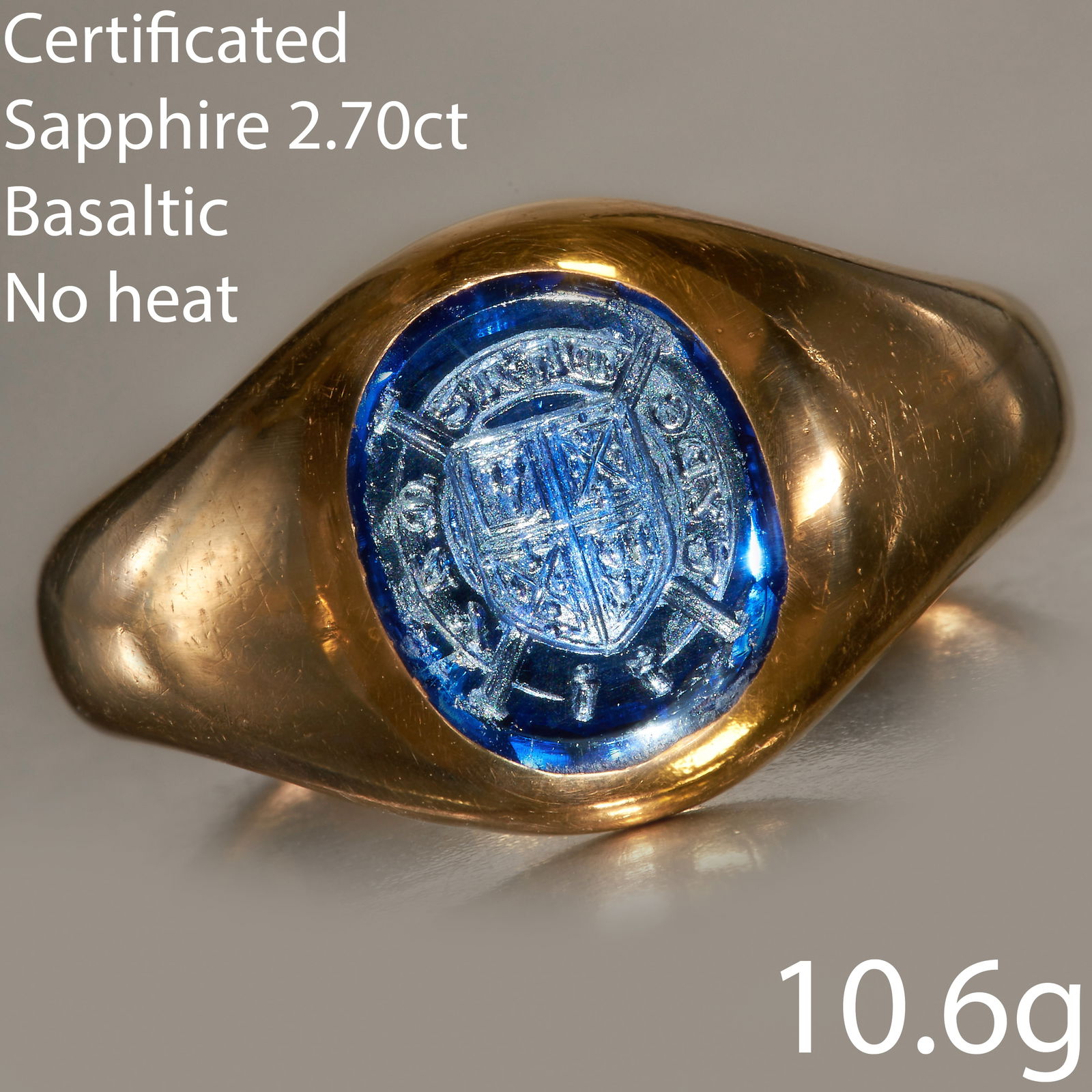 CERTIFICATED CARVED BASALTIC NO HEAT SAPPHIRE SIGNET RING. (1 of 1)