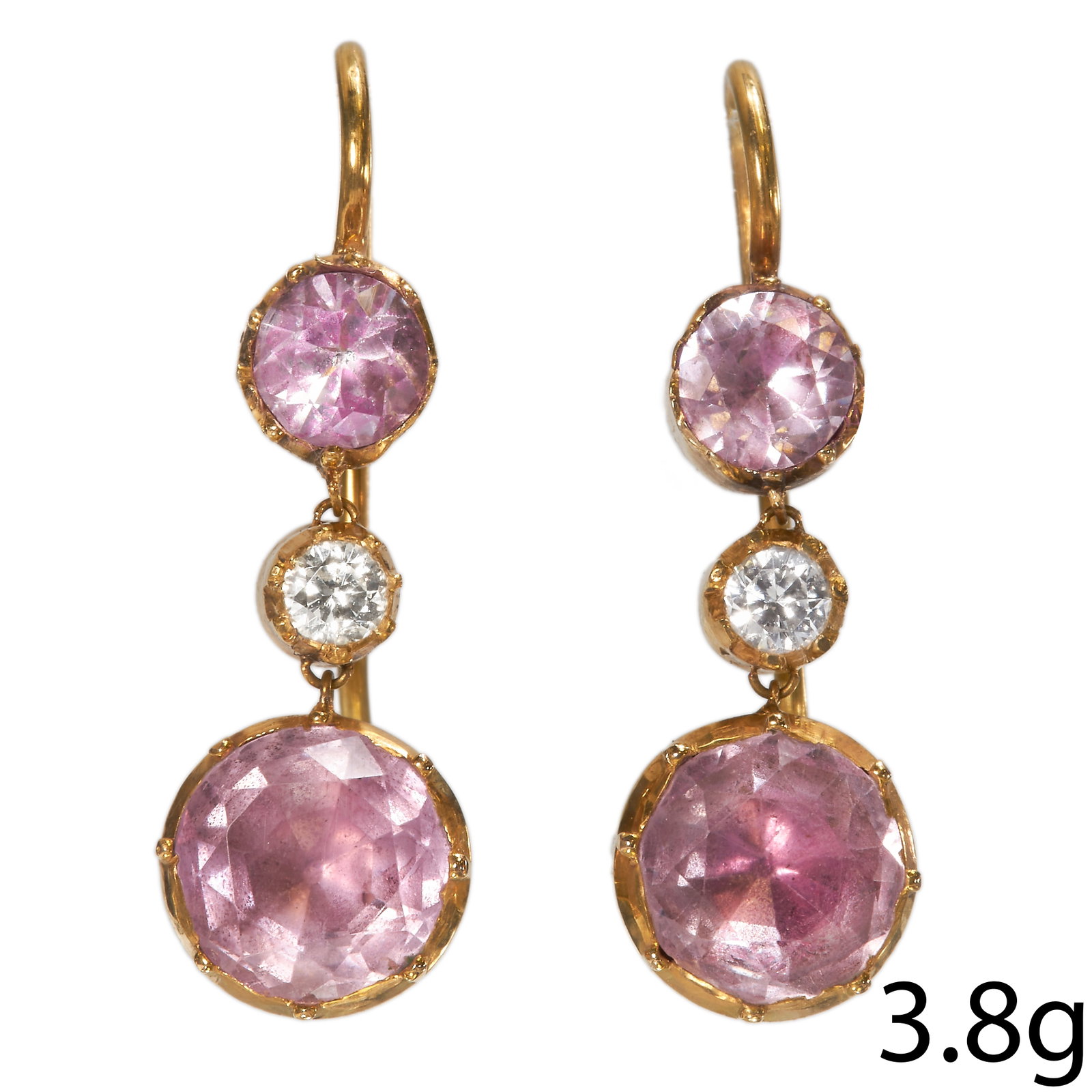 PAIR OF PINK TOPAZ AND DIAMOND DROP EARRINGS: PAIR OF PINK TOPAZ AND DIAMOND DROP EARRINGS,High carat gold.Topaz well matched.Diamonds bright and lively.L. 2.7 cm.3.8 grams.