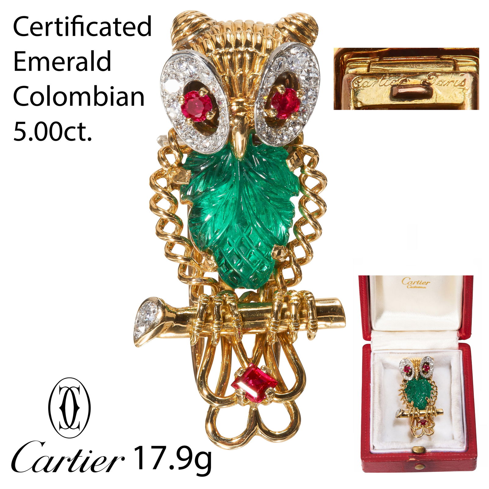 CARTIER, IMPORTANT CERTIFICATED COLOMBIAN EMERALD & DIAMOND OWL BROOCH (1 of 4)