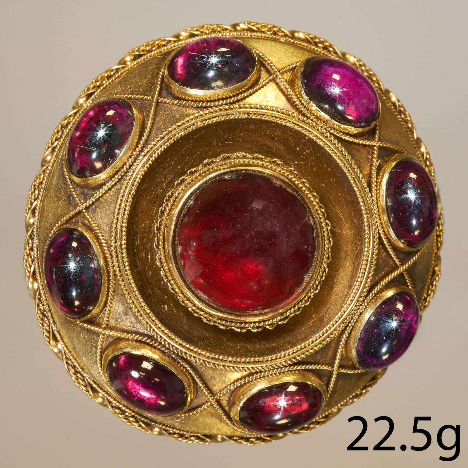 ANTIQUE ETRUSCAN REVIVAL CABOCHON GARNET BROOCH (1 of 2)