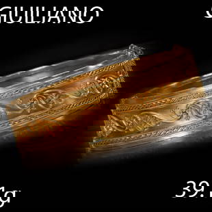 CARLO GIULIANO, ETRUSCA REVIVAL BANGLE: CARLO GIULIANO, ETRUSCA REVIVAL BANGLE,High carat gold.The top of the bangle with fine wirework design.Makers mark C.G. and retailers marks.Early Giuliano example.Inner diam: 5.6 cm.39.1 gram.Bangle i