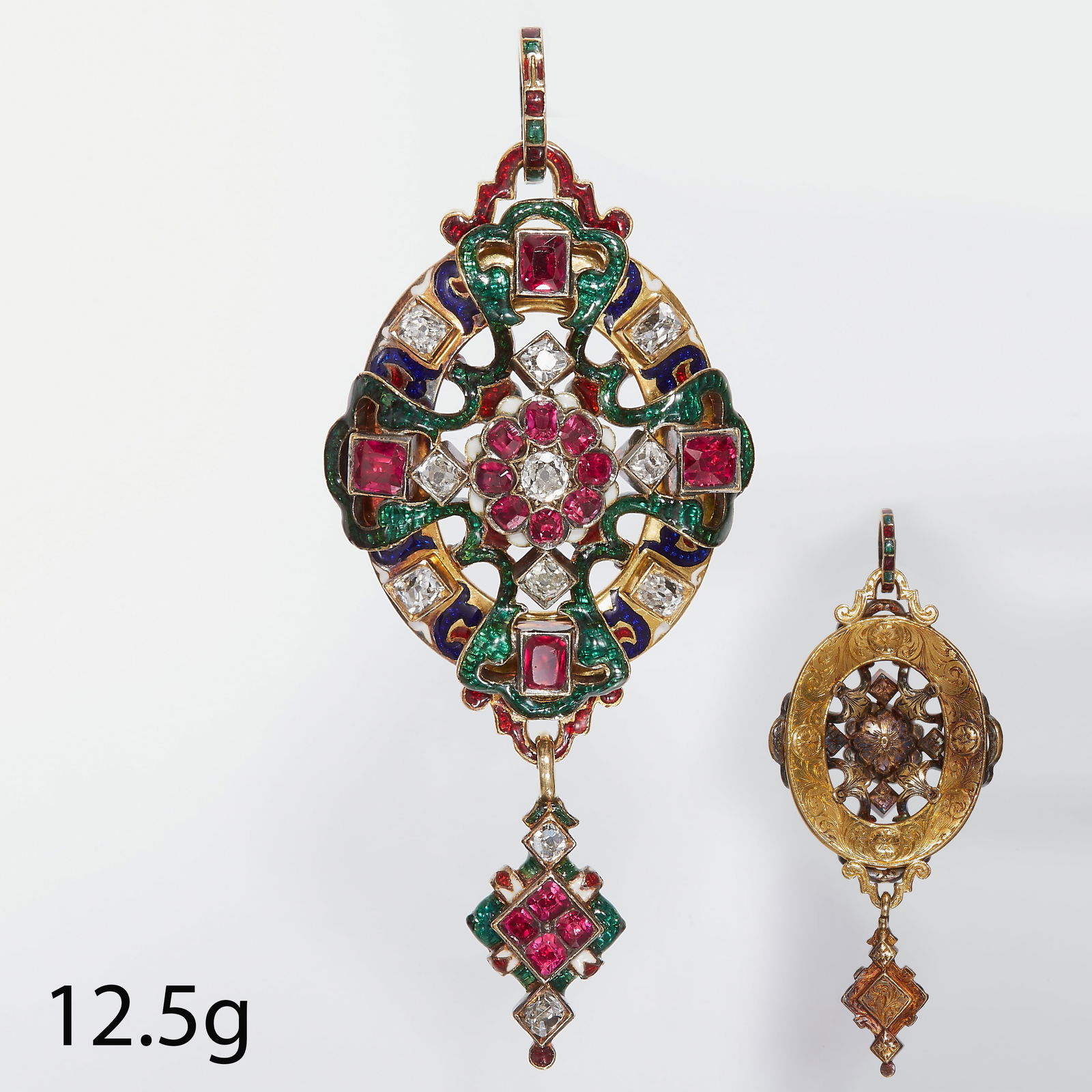 MAGNIFICENT RARE RUBY, DIAMOND AND ENAMEL HOLBEINESQUE PENDANT (1 of 2)