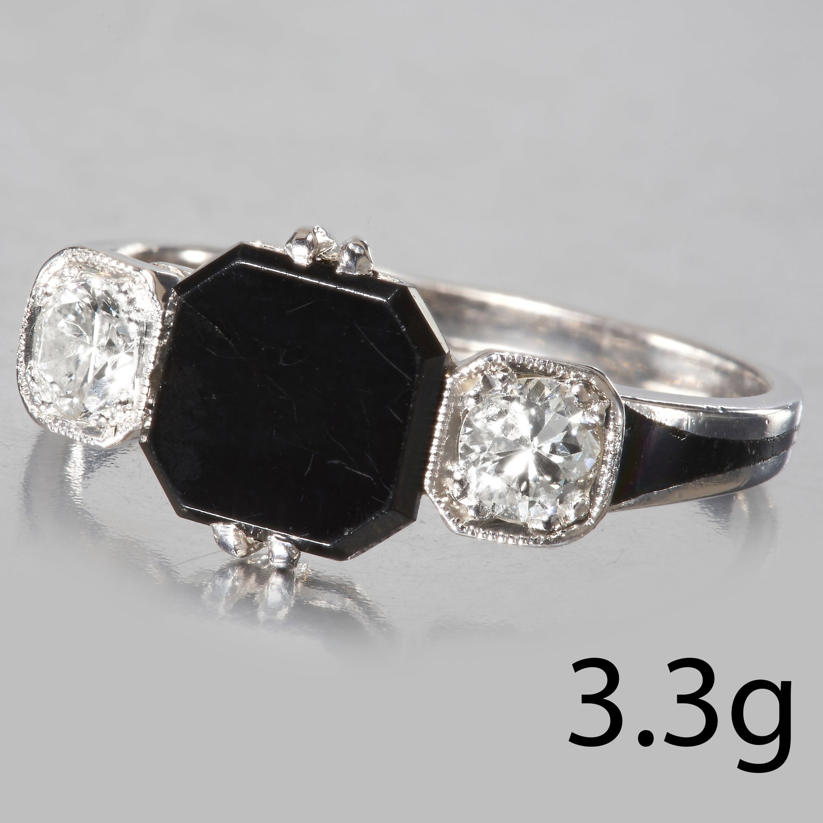UNUSUAL ART-DECO ONYX, DIAMOND AND ENAMEL RING (1 of 1)