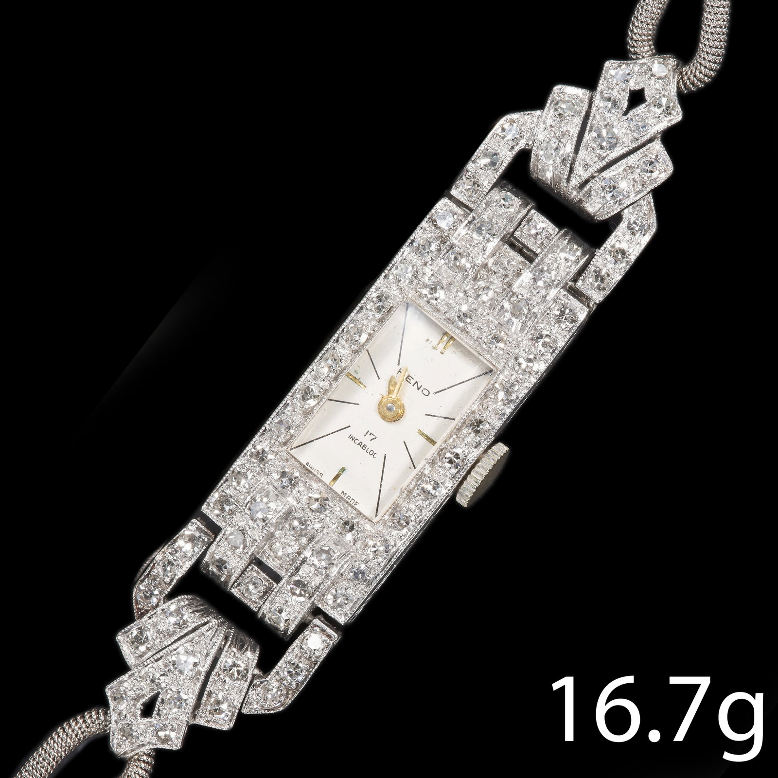 HENO, ART-DECO DIAMOND GOLD WRISTWATCH: HENO, ART-DECO DIAMOND GOLD WRISTWATCH,Diamonds bright and lively, totalling approx. 1.80 ct. Manual winding.L. 17 cm.16.7 grams.