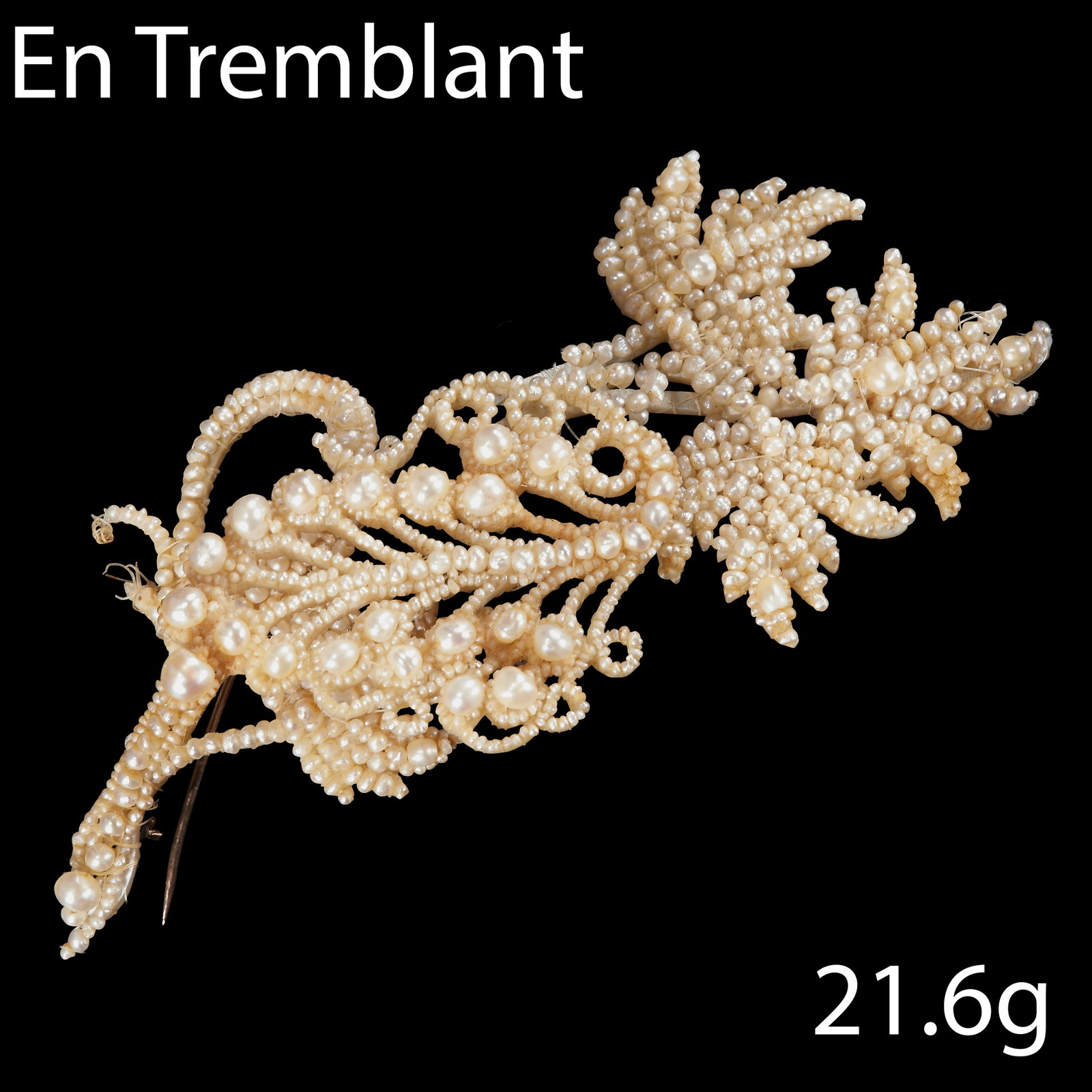 RARE ANTIQUE EN TREMBLANT SEED PEARL SPRAY BROOCH: RARE ANTIQUE EN TREMBLANT SEED PEARL SPRAY BROOCH.The central large section trembling.Mother of pearl background.L. 10.6 cm.21.6 grams.