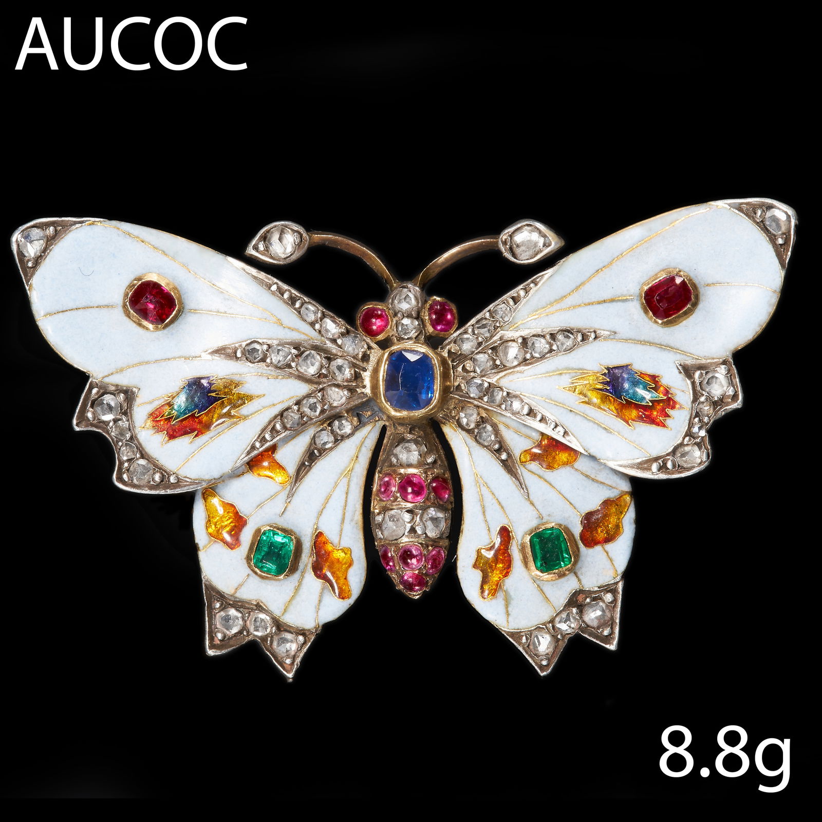 LOUIS AUCOC (Attributed to), BEAUTIFUL ART-NOUVEAU MULTI COLOR ENAMEL AND GEMSTONE BUTTERFLY BROOCH (1 of 2)