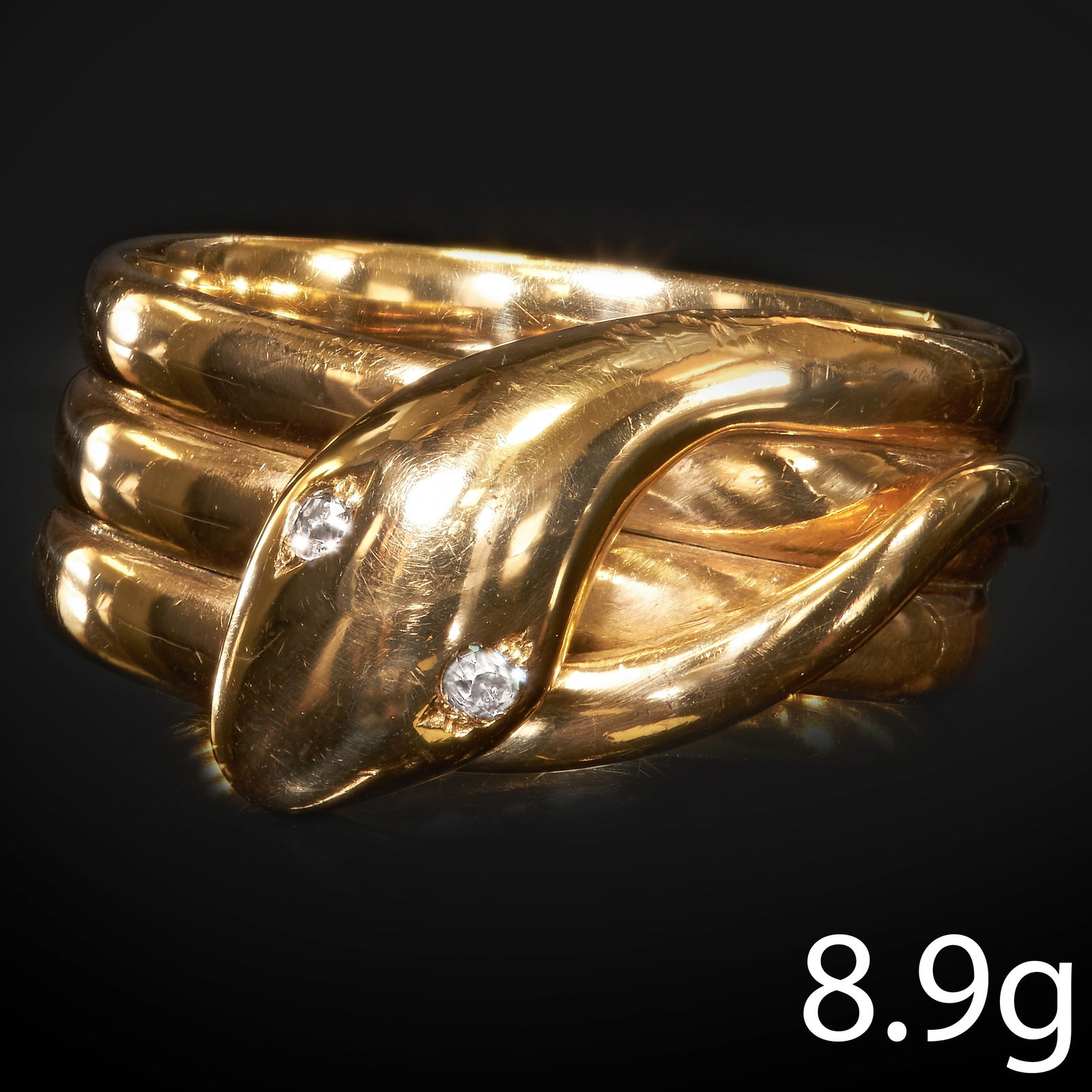 GOLD SNAKE RING, WITH DIAMOND EYES (1 of 1)