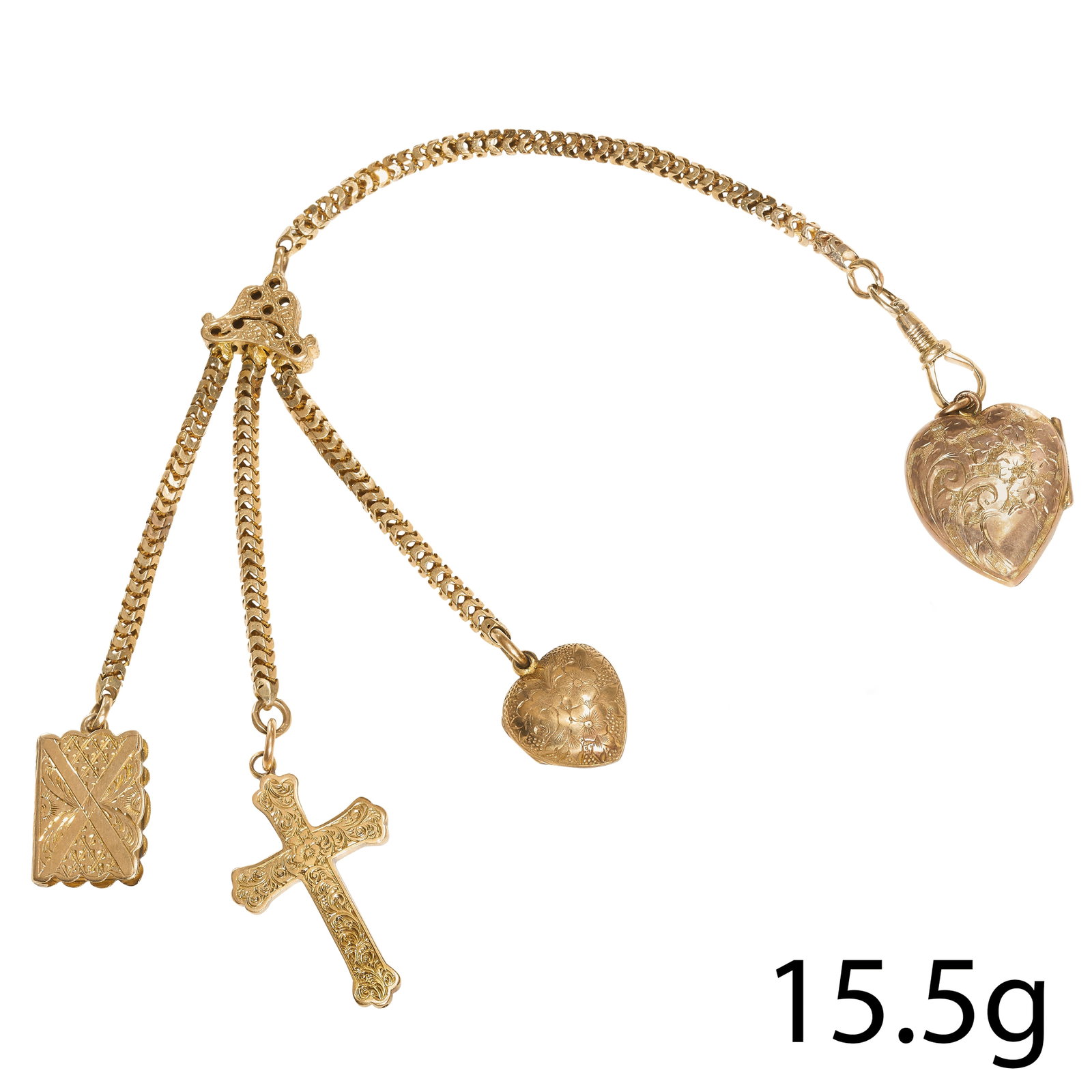 ANTIQUE GOLD CHARMS: ANTIQUE GOLD CHARMSIncluding:2x heart, cross and a book.All but the cross are lockets.15.5 grams.