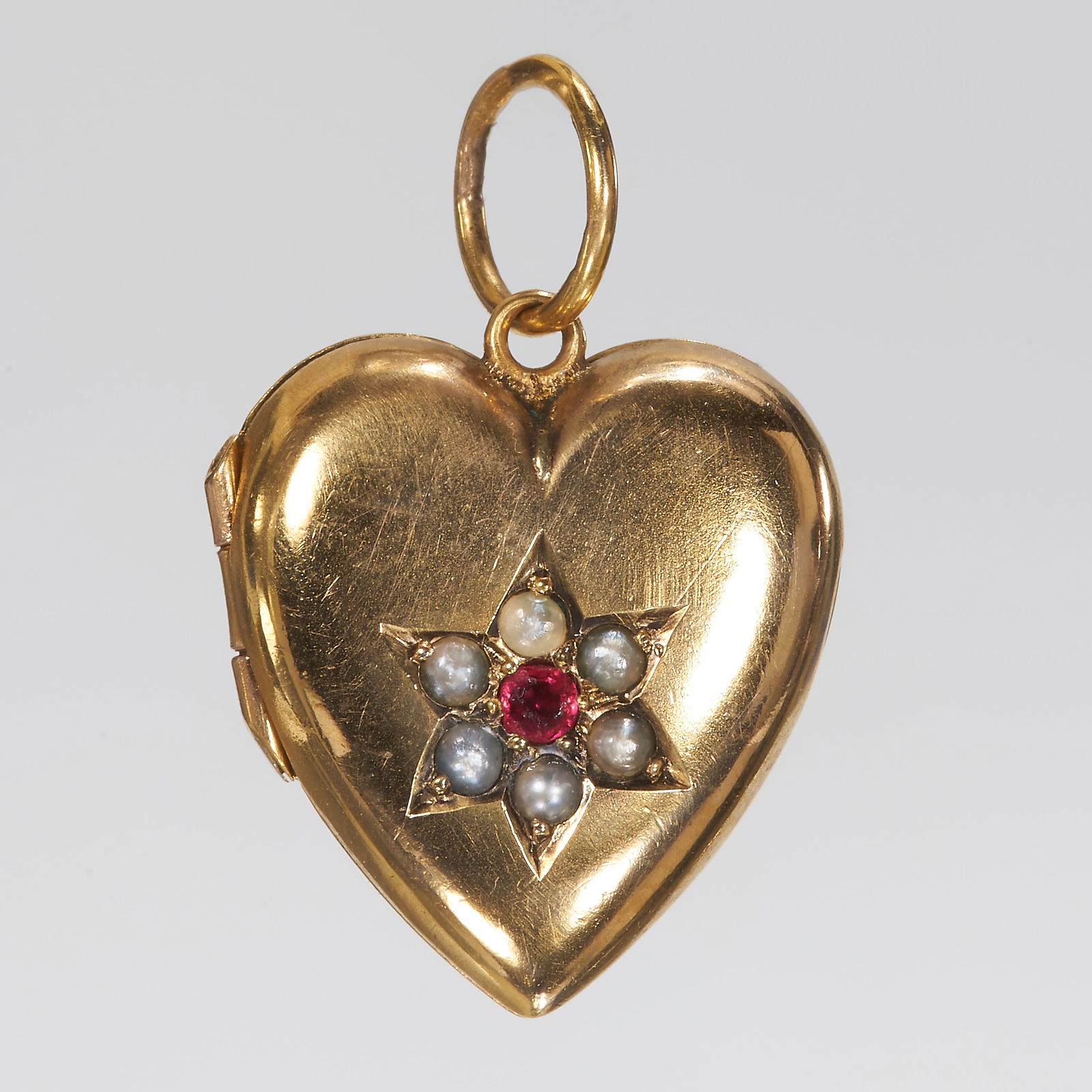 ANTIQUE RUBY AND PEARL HEART GOLD LOCKET PENDANT (1 of 1)