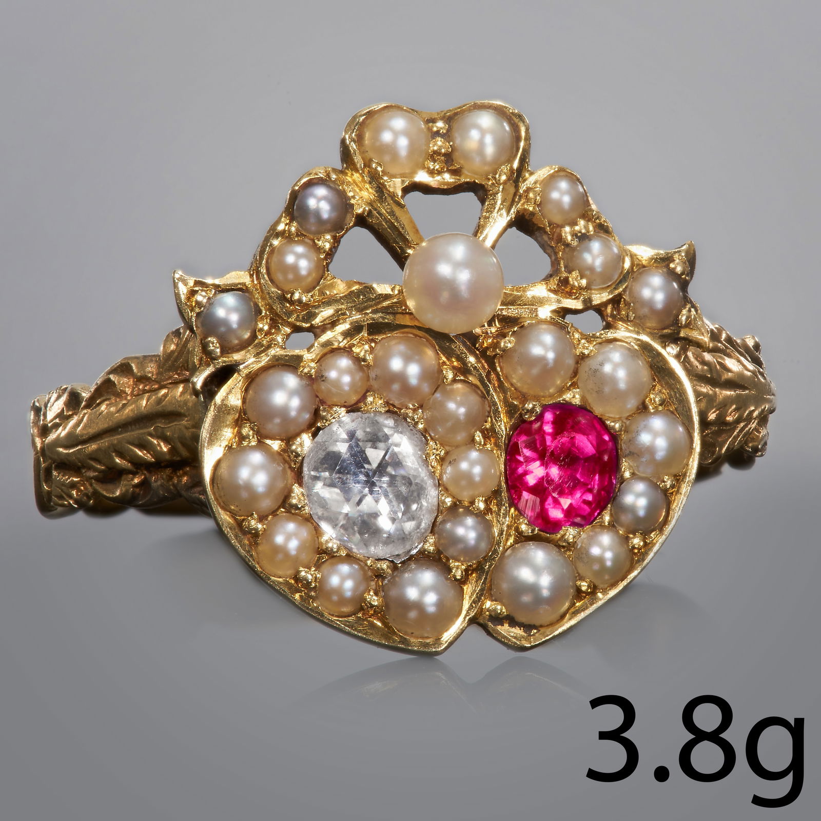 VICTORIAN RUBY DIAMOND AND PEARL DOUBLE HEART RING (1 of 1)