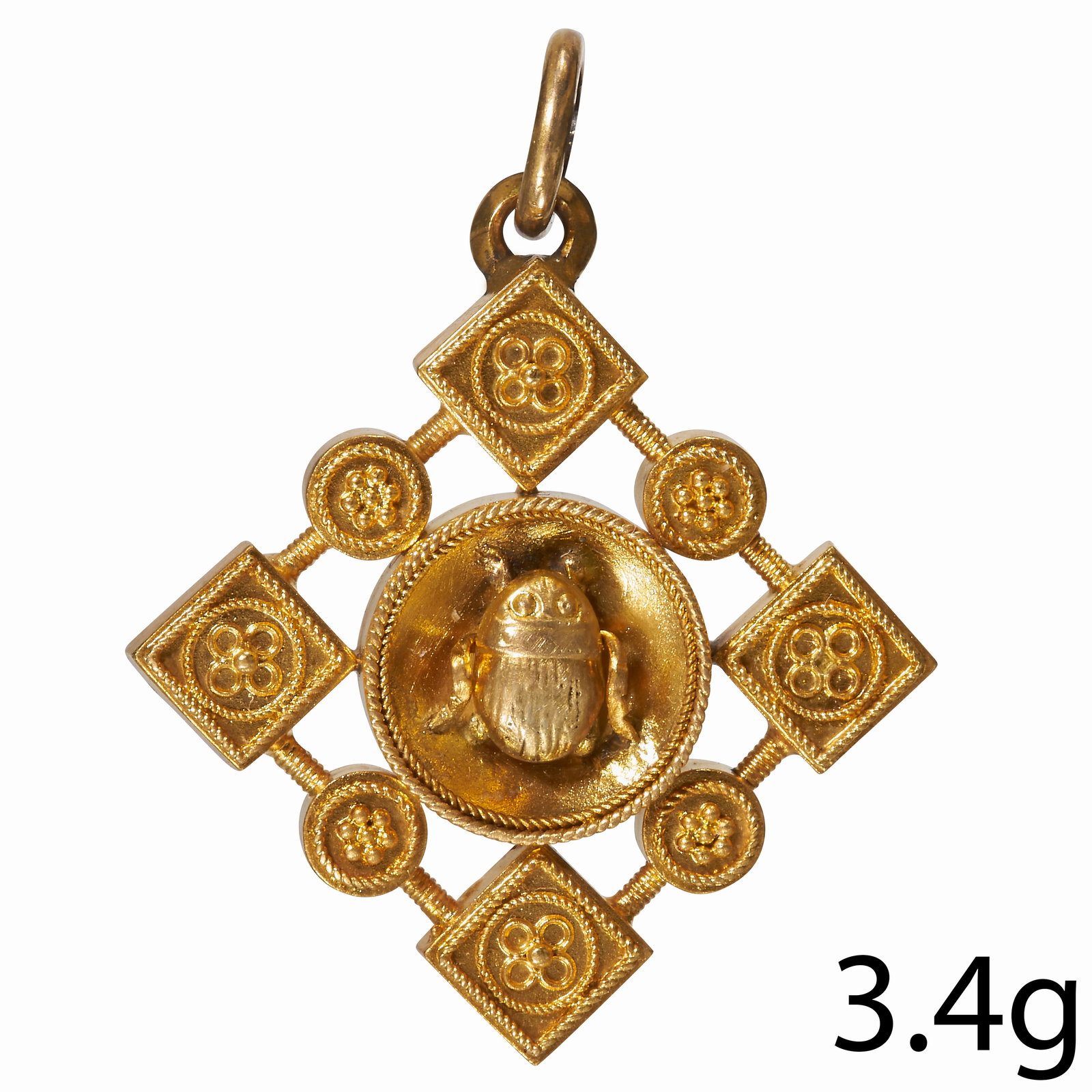 ANTIQUE VICTORIAN ETRUSCAN REVIVAL SCARAB PENDANT: ANTIQUE VICTORIAN ETRUSCAN REVIVAL SCARAB PENDANT,High carat gold.The centre set with a scarab.Fine wire work surmounts. In the manner and quality of Castellani.L. 3.3 cm.3.4 grams.Fine high quality d