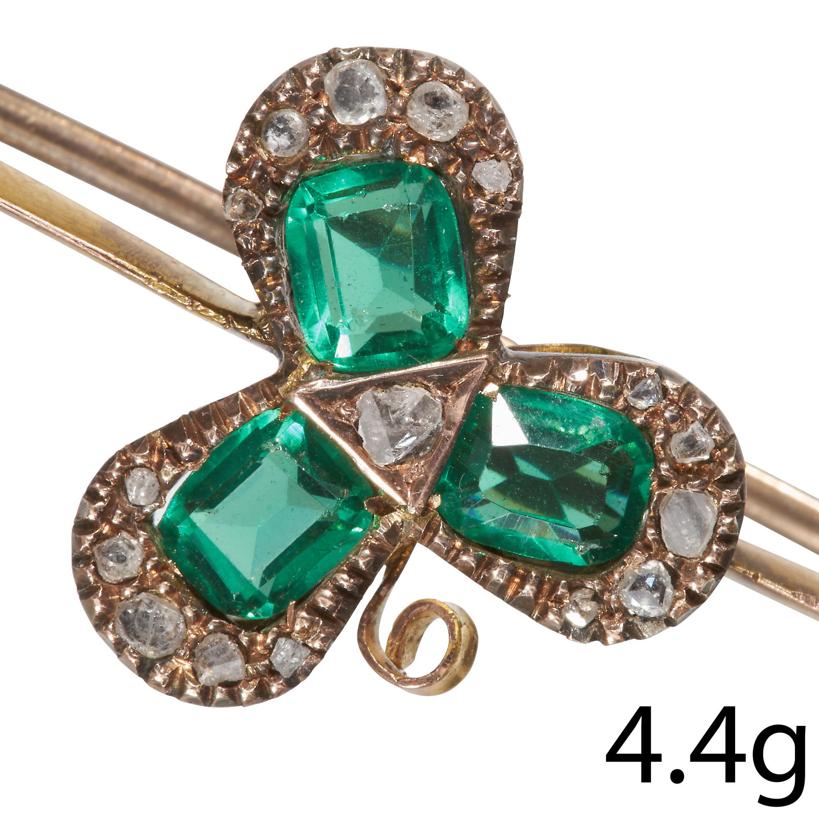 DIAMOND AND GREEN STONE CLOVER LEAF BAR BROOCH (1 of 1)