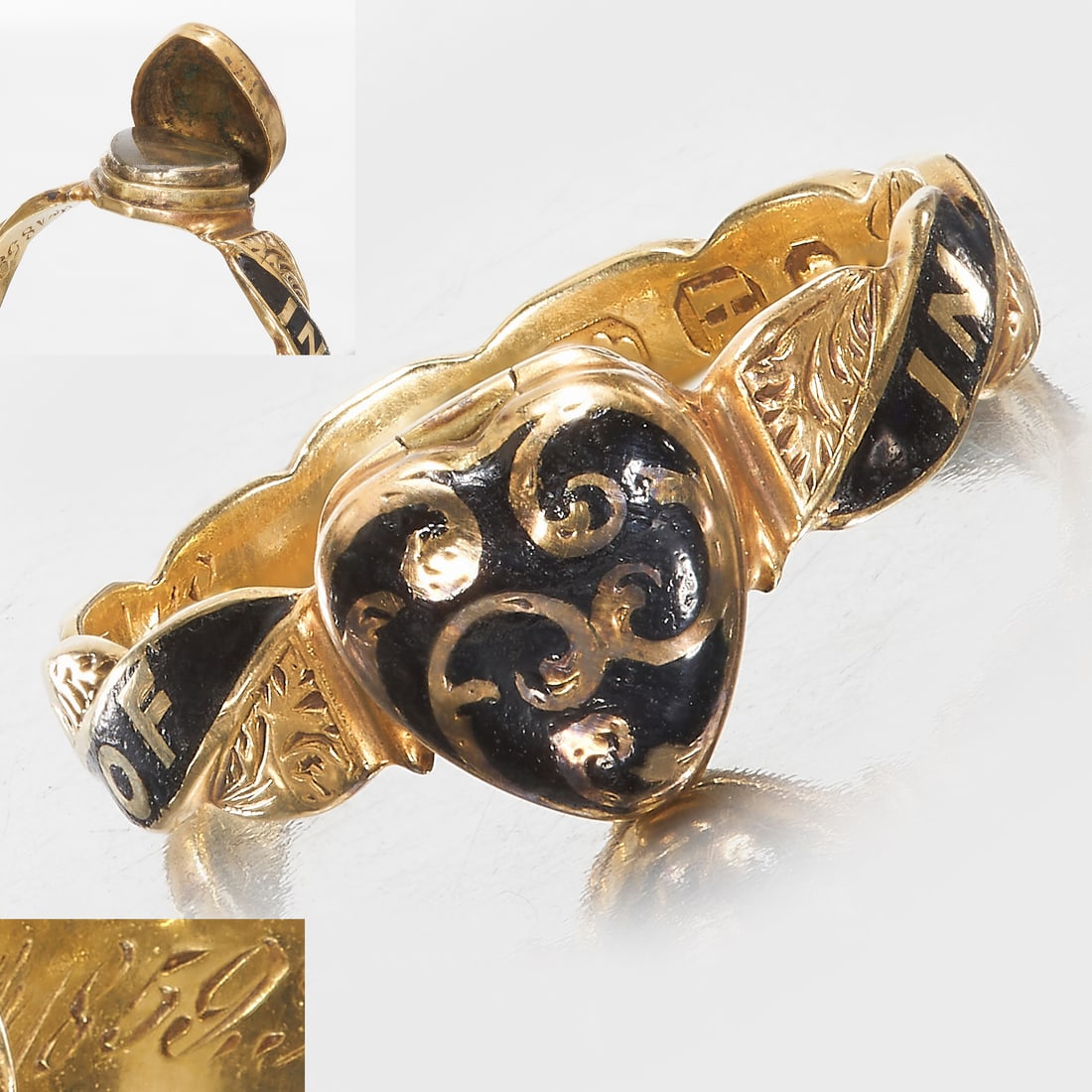 RARE VICTORIAN ENAMEL HEART OPENING MEMORI RING, 1859 (1 of 4)