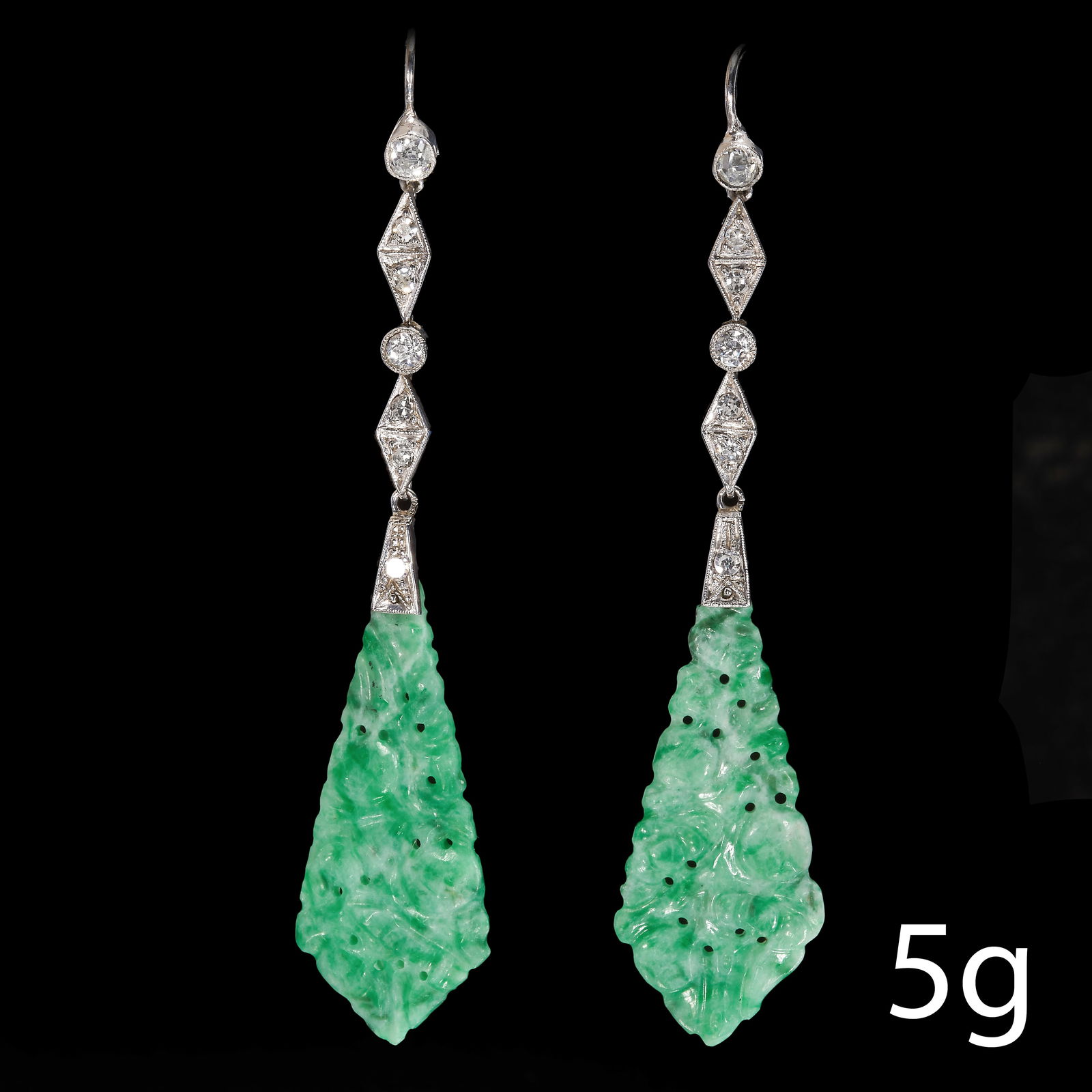 ART-DECO PAIR OF JADE AND DIAMOND DROP EARRINGS, (1 of 1)