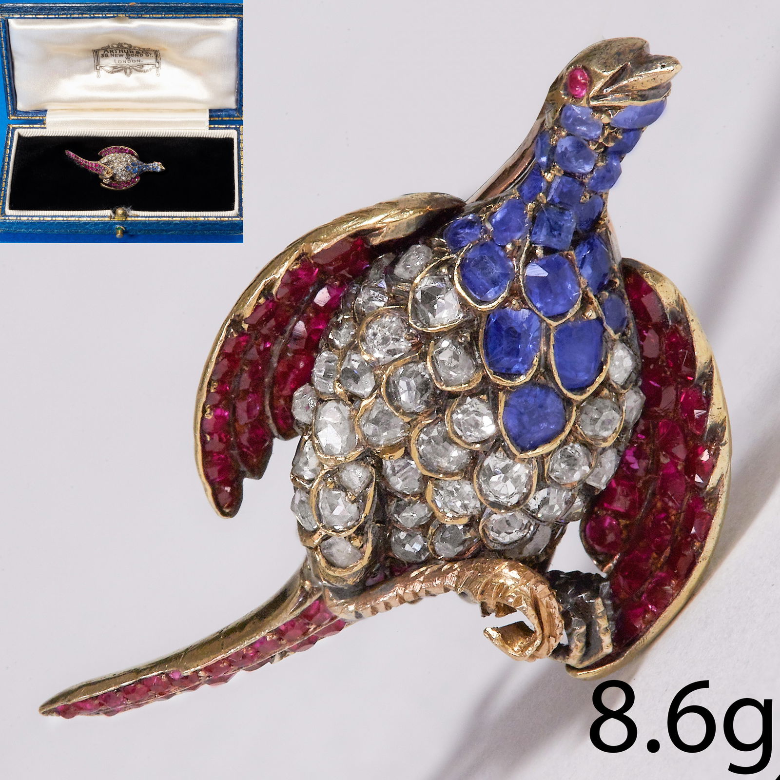 EXQUISITE ANTIQUE DIAMOND SAPPHIRE AND RUBY PHEASANT BROOCH, (1 of 3)