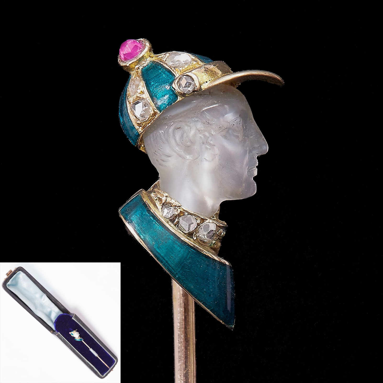FANTASTIC FRENCH CARVED MOONSTONE  ENAMEL JOCKEY STICK PIN, WITH RUBY AND DIAMONDS (1 of 2)