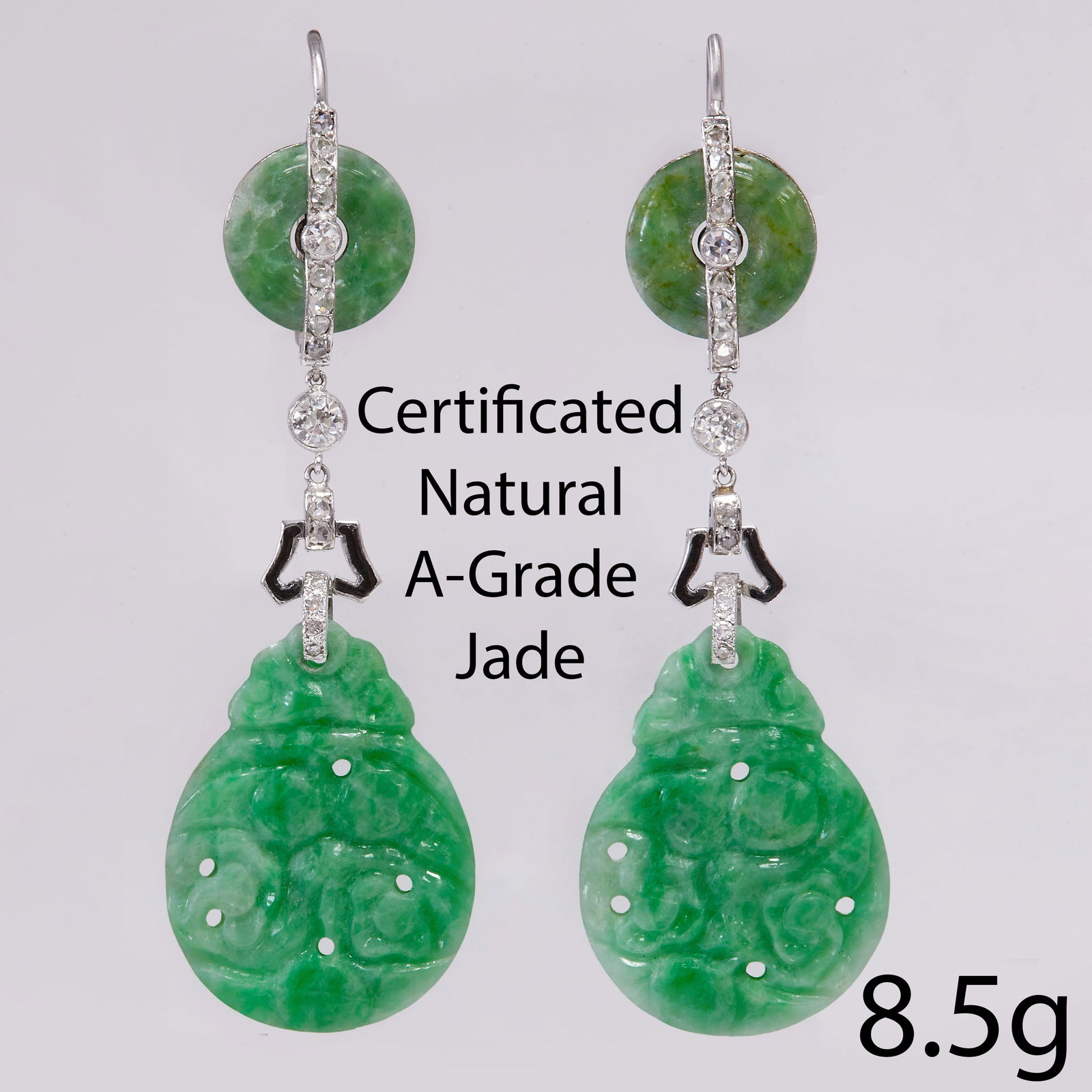 CERTIFICATED ART-DECO PAIR OF DIAMOND JADE AND ENAMEL DROP EARRINGS: CERTIFICATED ART-DECO PAIR OF DIAMOND JADE AND ENAMEL DROP EARRINGS, 8.5 grams, Platinum.Fine carved jade. (Certificated, A-jade)Diamonds bright and lively.Enamel in good condition.L. 6 cm.Fitted case
