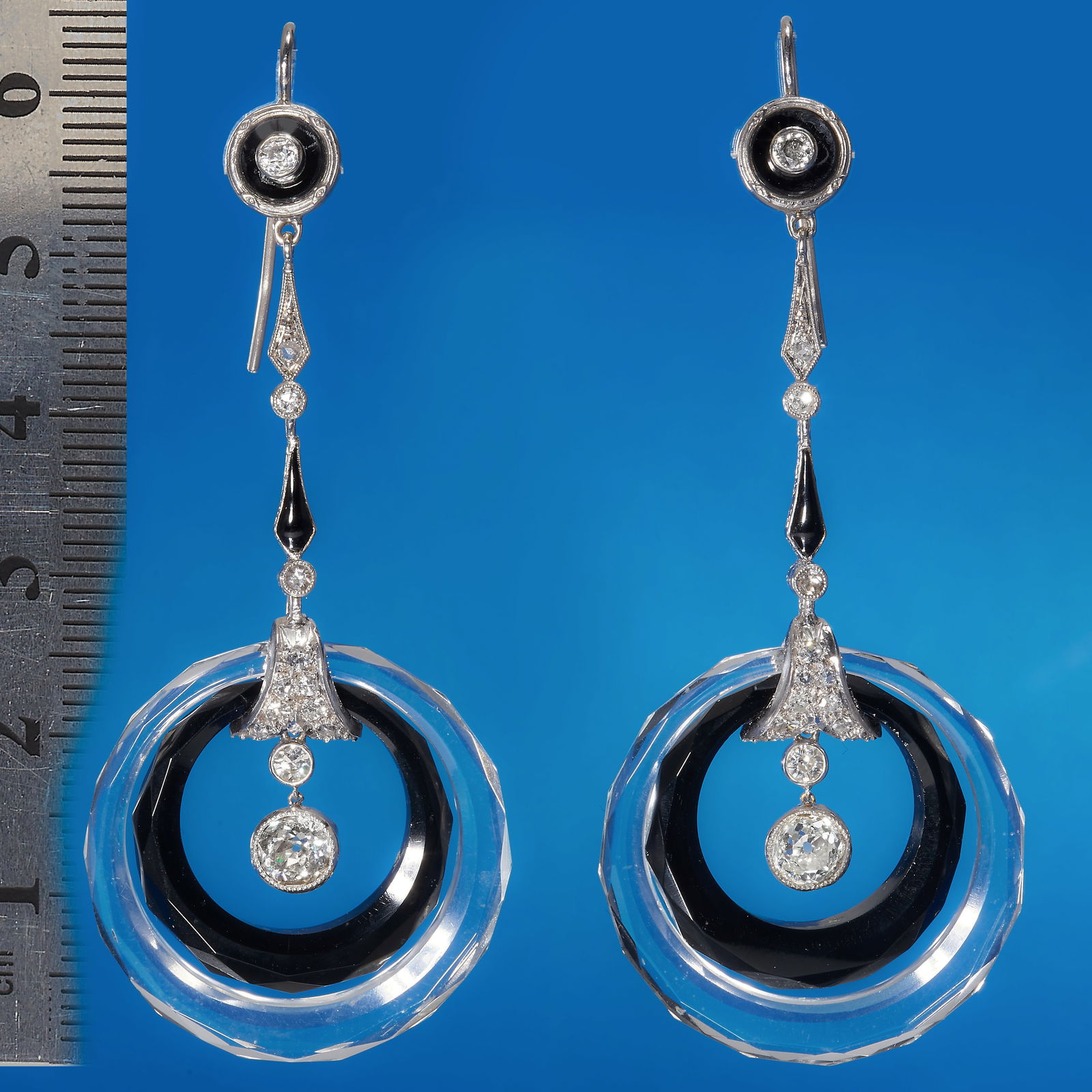 FINE PAIR OF ART-DECO ROCK CRYSTAL ONYX AND DIAMOND DROP EARRINGS (1 of 1)
