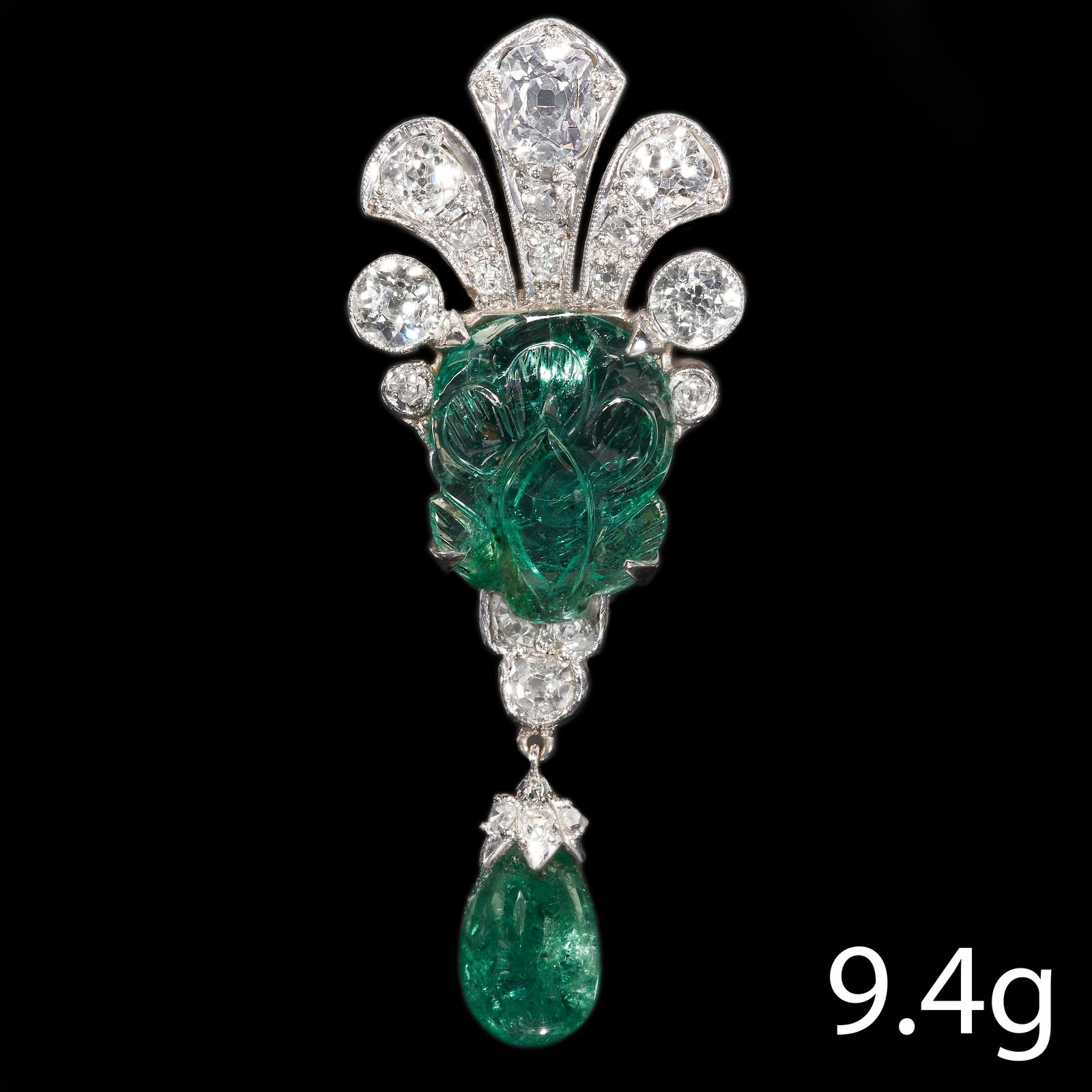 ANTIQUE CARVED EMERALD AND DIAMOND CLIP BROOCH (1 of 1)