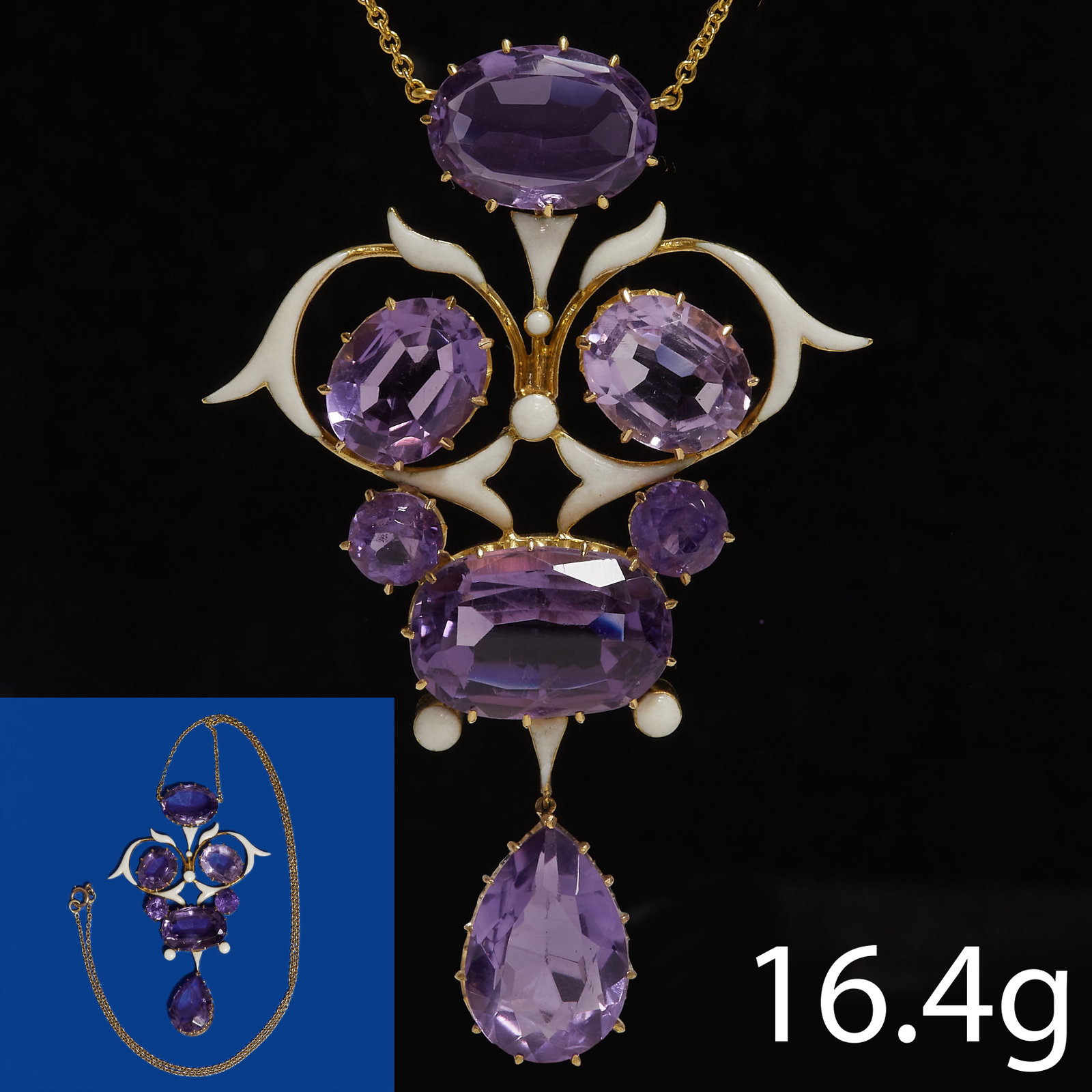 EDWARDIAN AMETHYST AND WHITE ENAMEL DROP GOLD NECKLACE: EDWARDIAN AMETHYST AND WHITE ENAMEL DROP GOLD NECKLACE,16.1 grams.Vibrant amethyst.Accentuated with enamel (in good condition).L. drop 7 cm.L. necklace 41 cm.