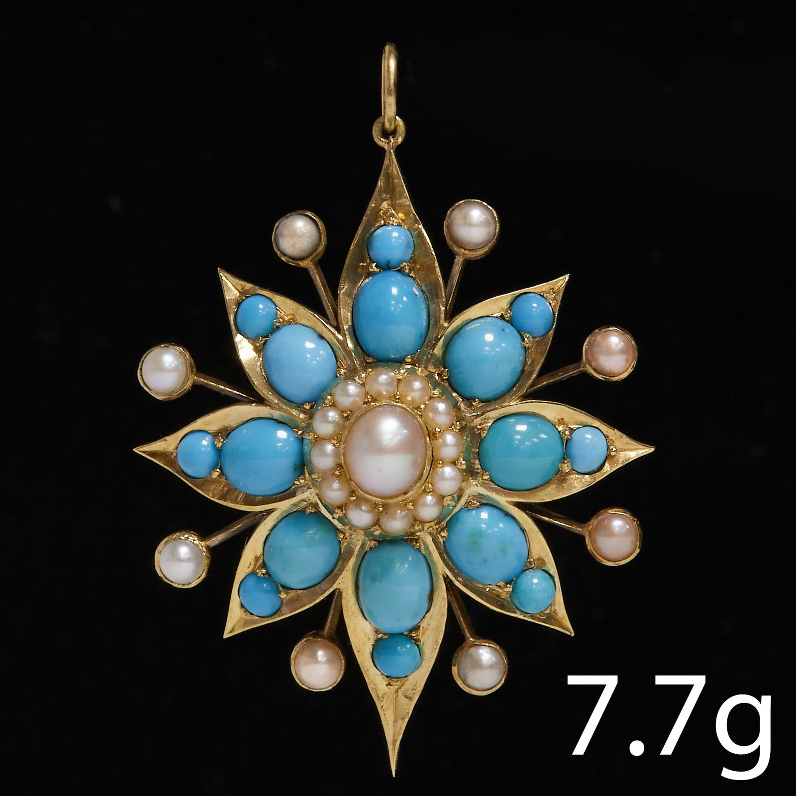 VICTORIAN TURQUOISE AND PEARL GOLD PENDANT: VICTORIAN TURQUOISE AND PEARL GOLD PENDANT7.7 grams,Vibrant turquoiseLovely pearls (untested).L. 4.2 cm.