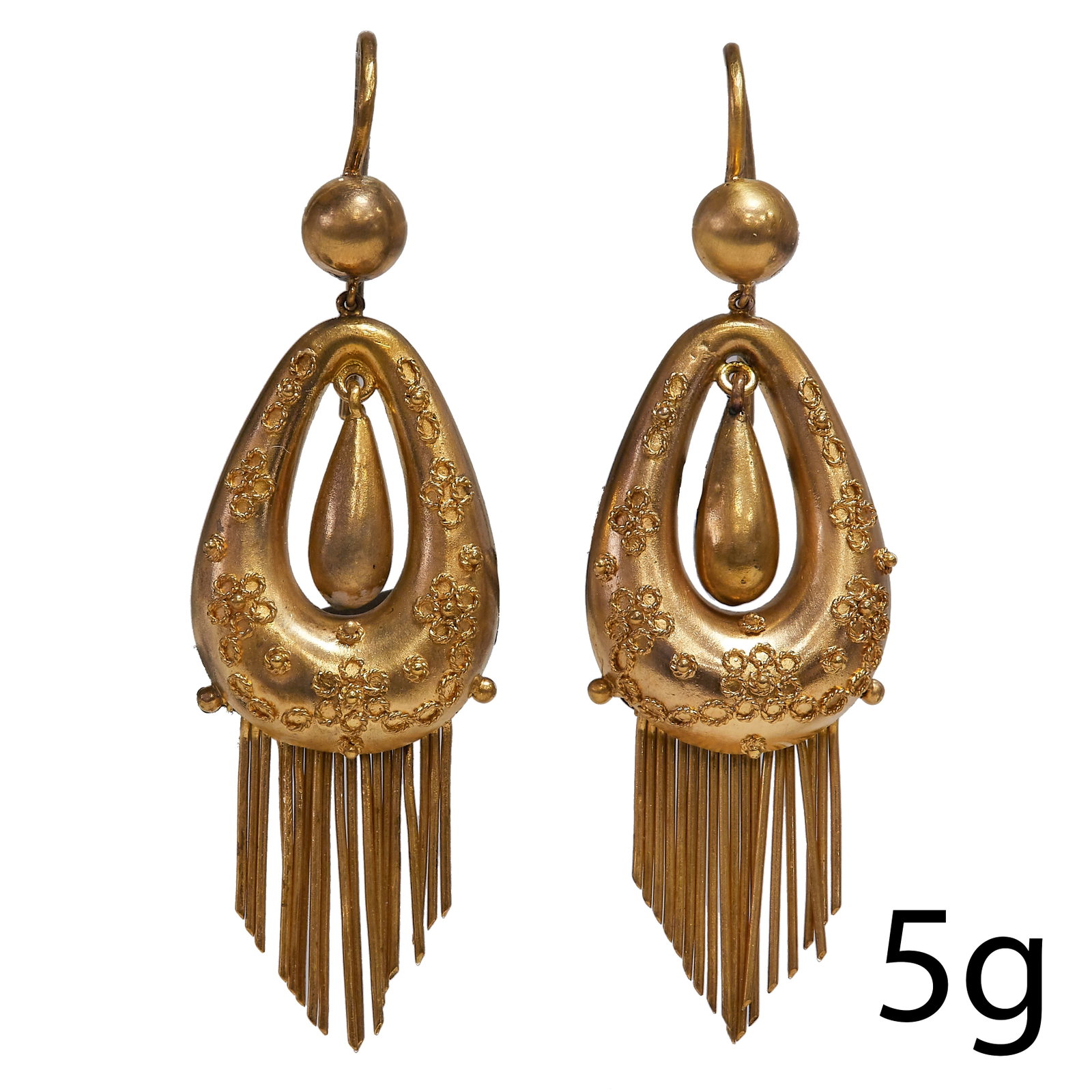 PAIR OF VICTORIAN DROP EARRINGS: PAIR OF VICTORIAN DROP EARRINGS,5 grams, high cart gold.Fine wirework design.L. 4.8 cm.