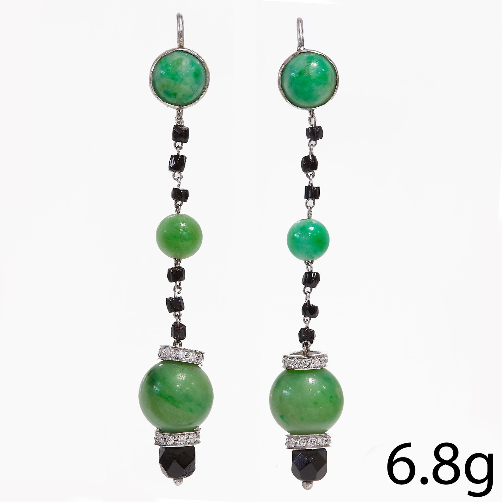PAIR OF JADE ONYX AND DIAMOND EARRINGS: PAIR OF JADE ONYX AND DIAMOND EARRINGS,The larger jade ball accentuated with 2 diamond rondells.L. 6 cm.6.8 grams.