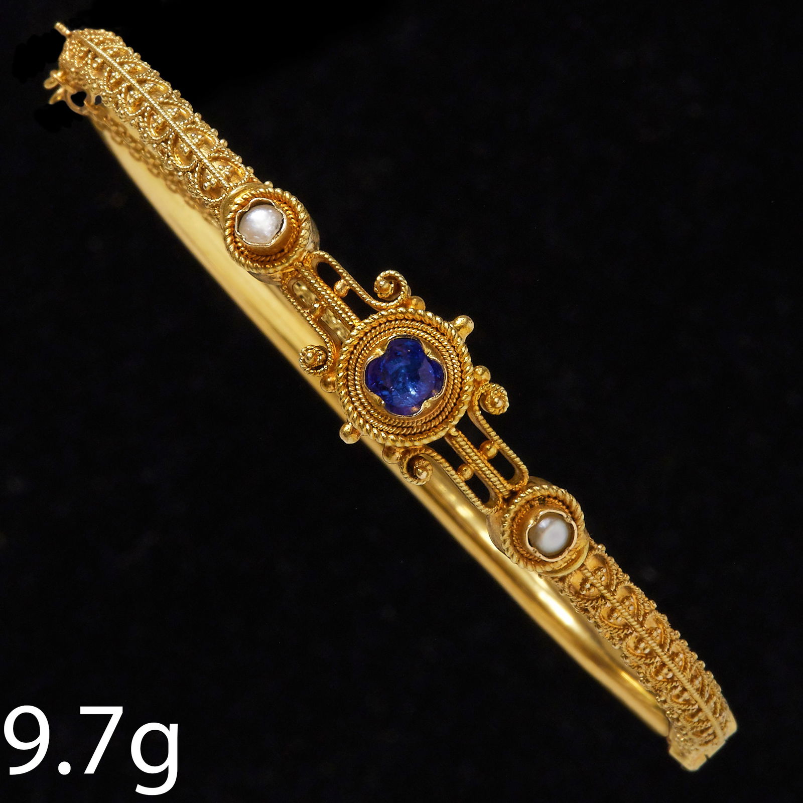 VICTORIAN ETRUSCAN REVIVAL SAPPHIRE AND PEARL HINGED BANGLE (1 of 1)