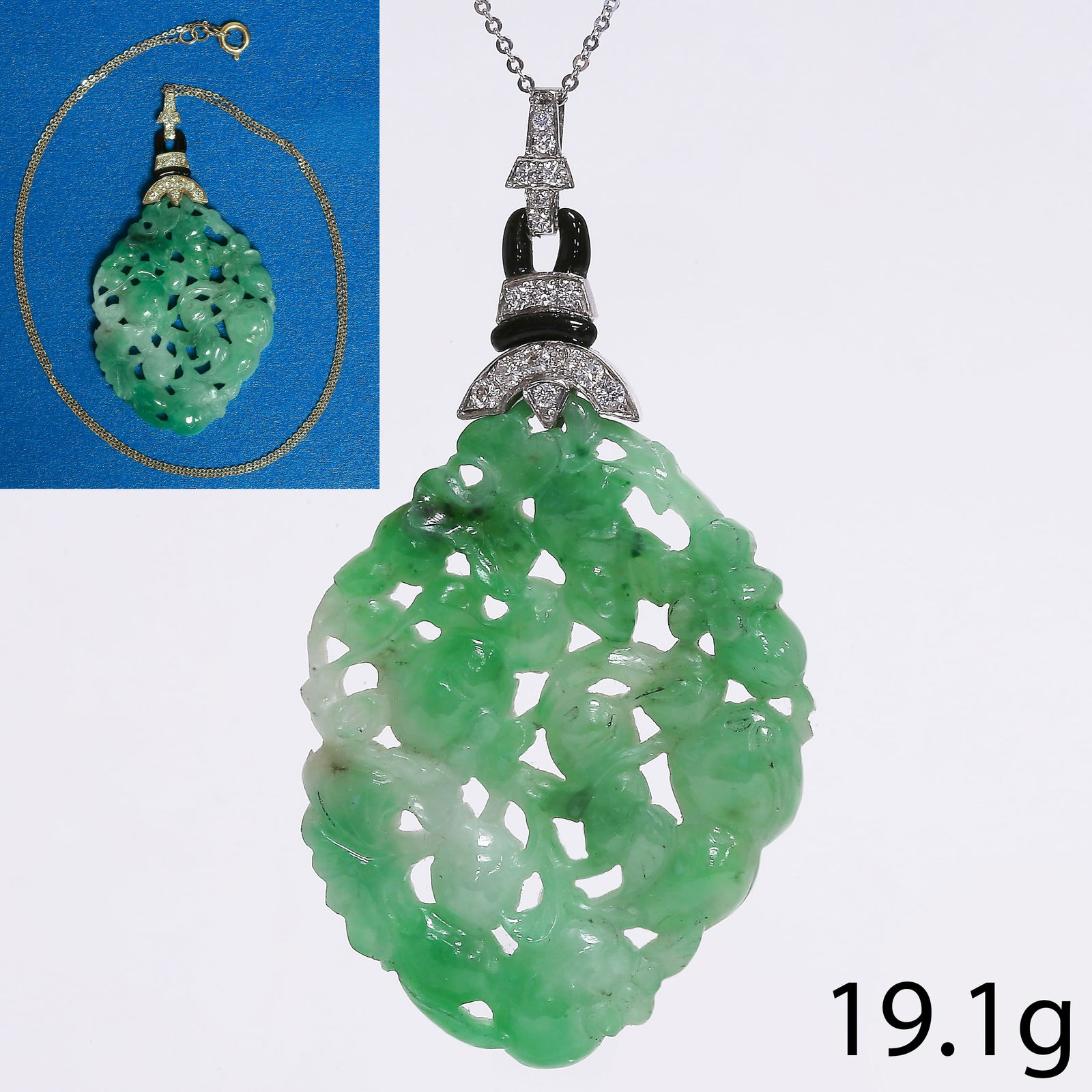 ART-DECO JADE DIAMOND AND ENAMEL PENDANT WITH CHAIN (1 of 1)