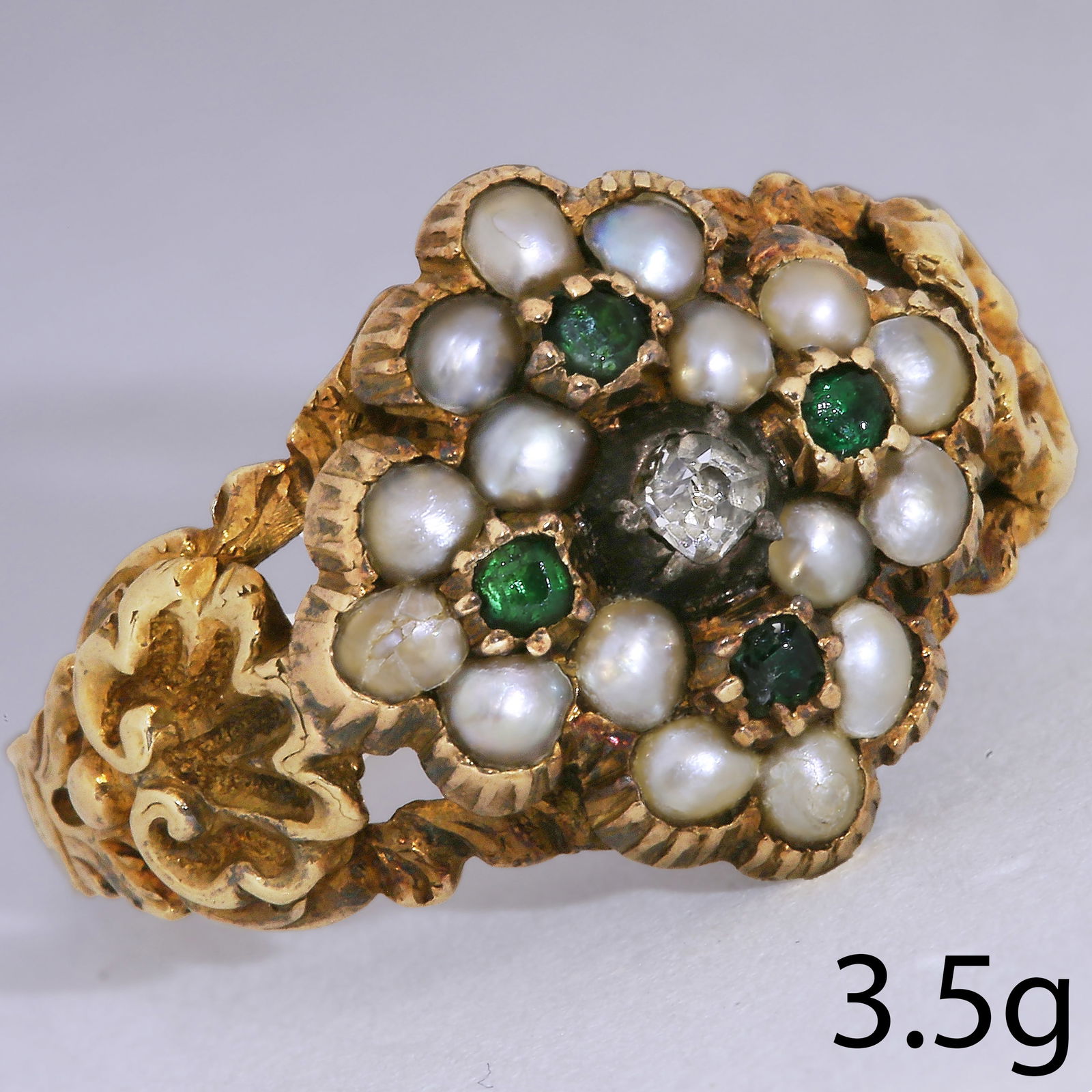 VICTORIAN PEARL EMERALD AND DIAMOND CLUSTER GOLD RING (1 of 1)