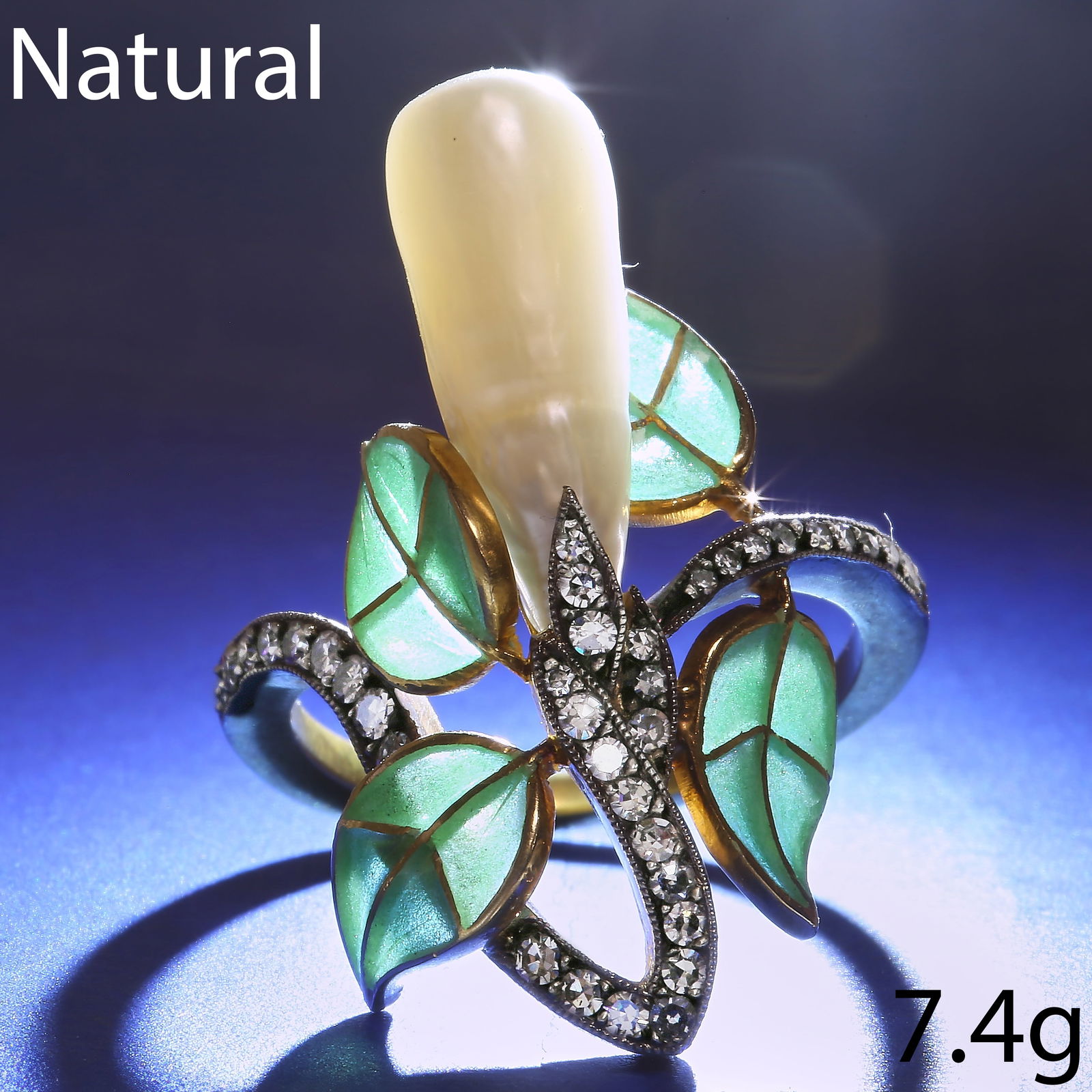 FANTASTIC ART-NOUVEAU NATURAL PEARL, DIAMOND AND ENAMEL RING (1 of 1)