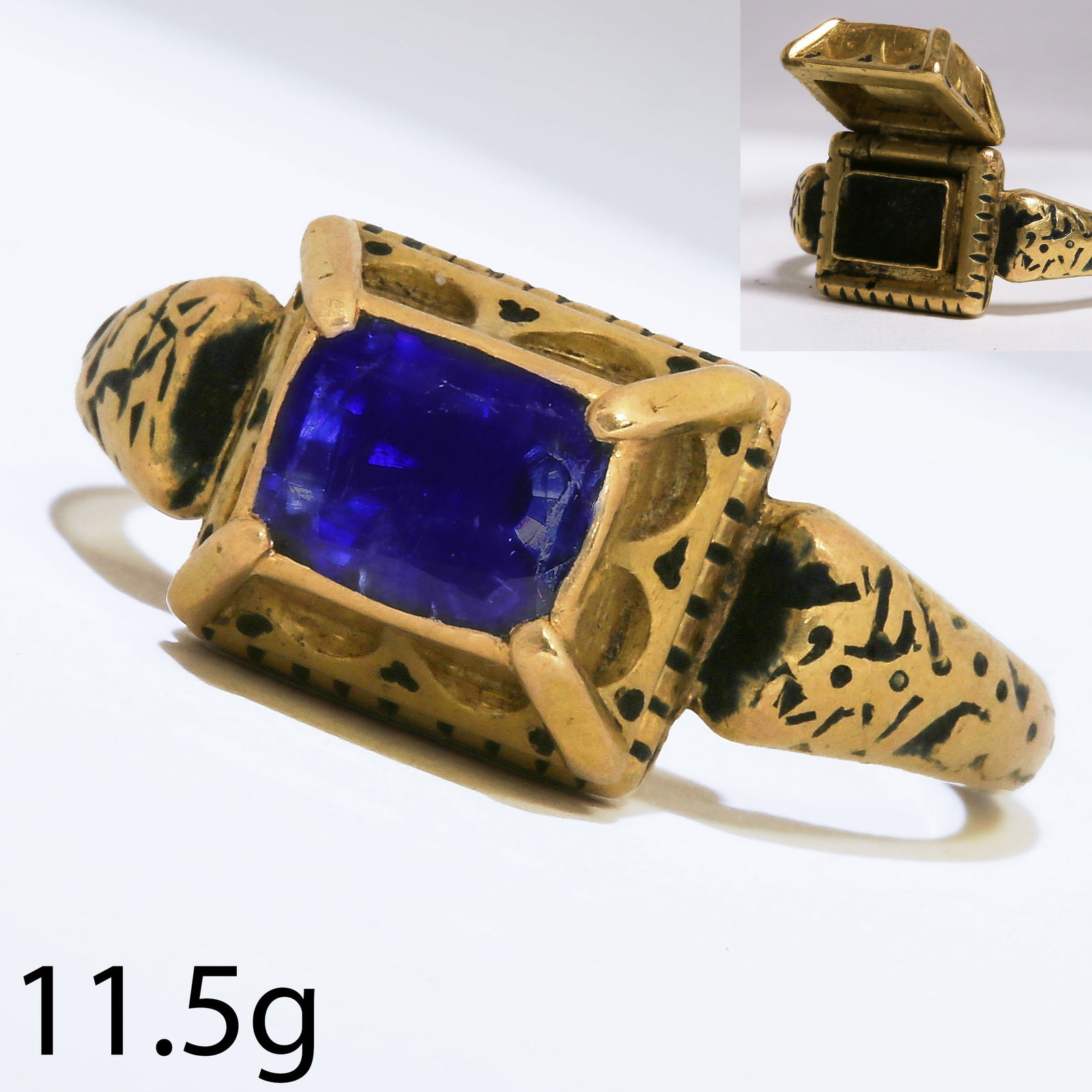 RARE ANTIQUE SAPPHIRE AND ENAMEL POISON RING, Medieval? (1 of 2)