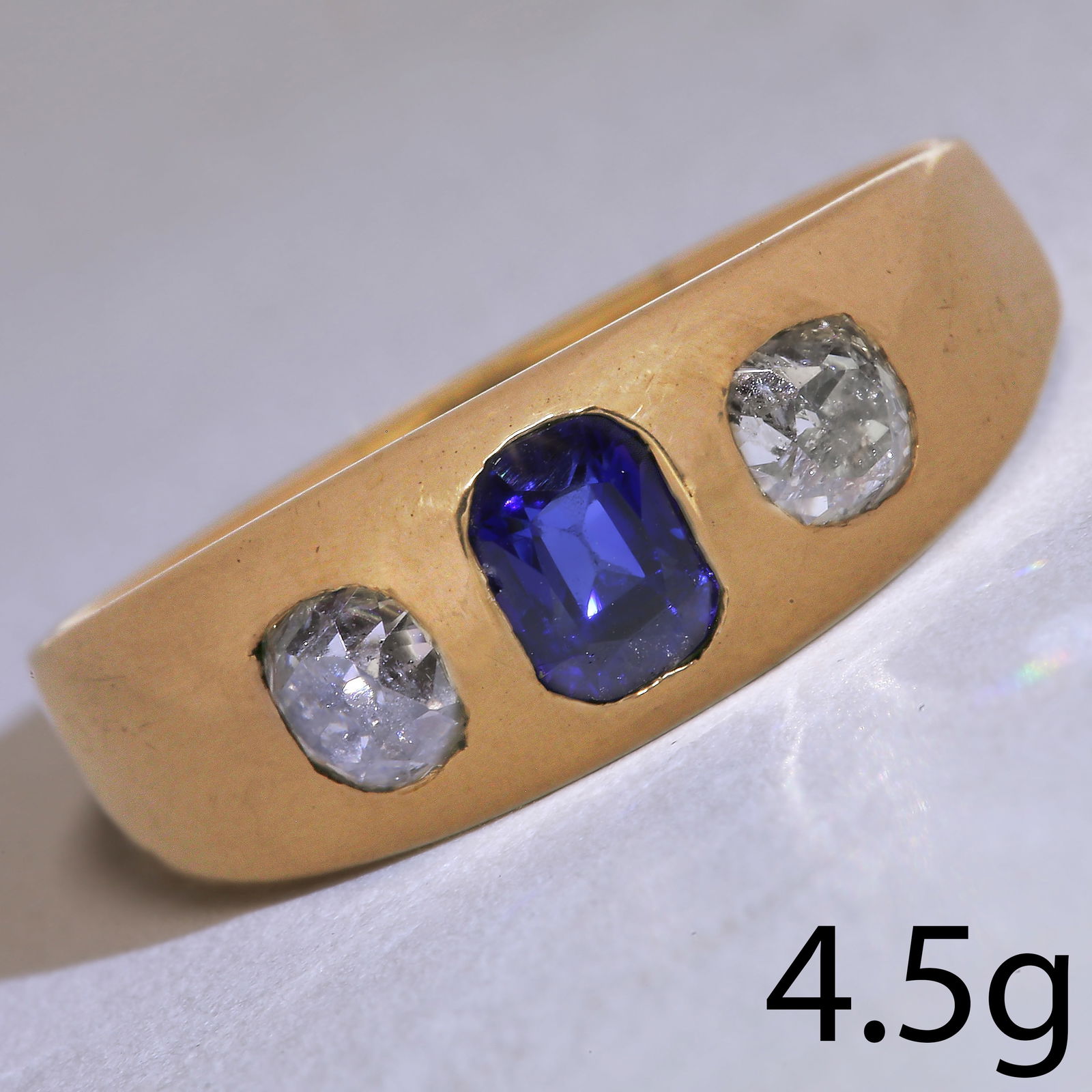 SAPPHIRE AND DIAMOND 3-STONE GYPSY RING (1 of 1)