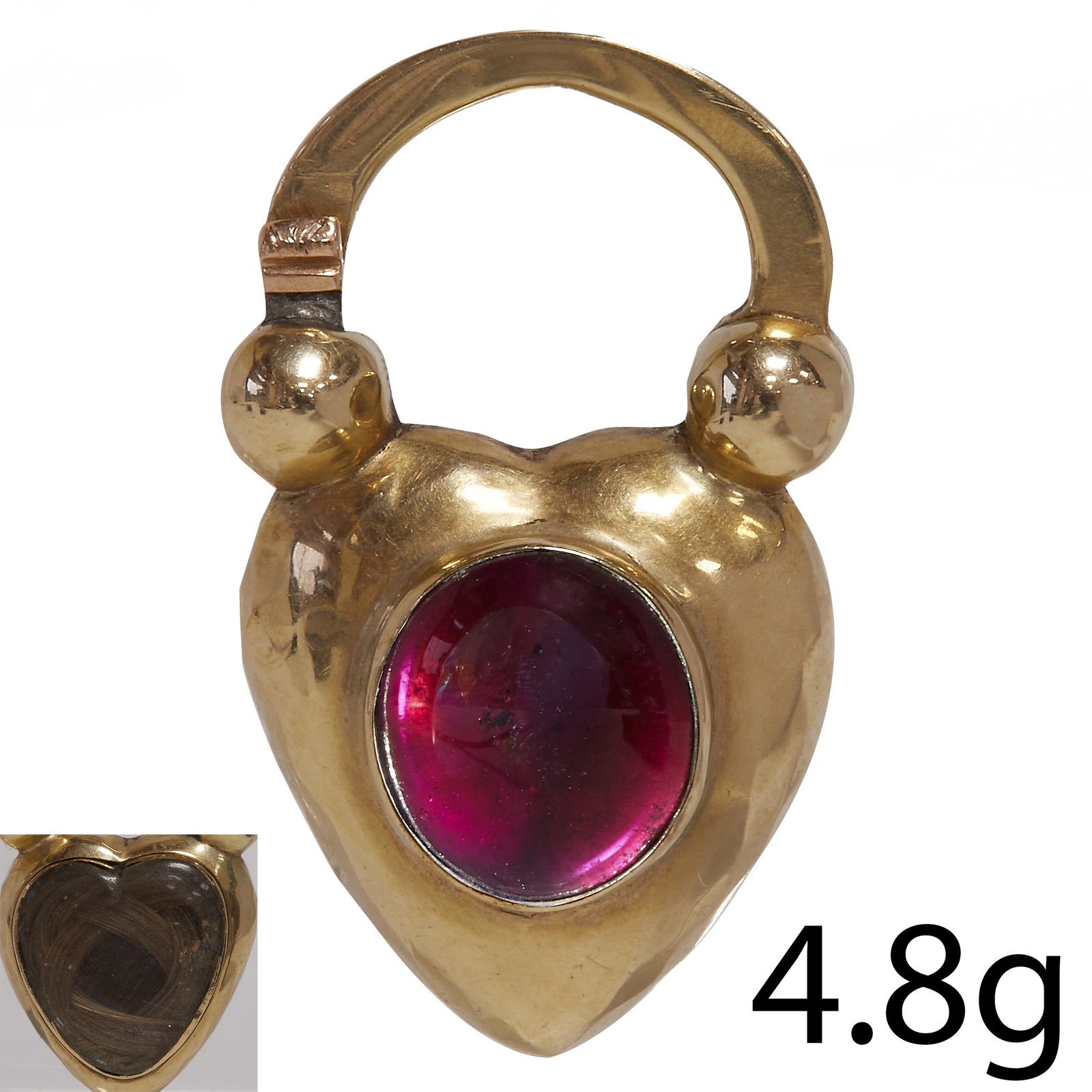 VICTORIAN GARNET HEART GOLD PADLOCK: VICTORIAN GARNET HEART GOLD PADLOCK,4.8 grams, Vibrant garnet, locket back.L. 2.8 cm.