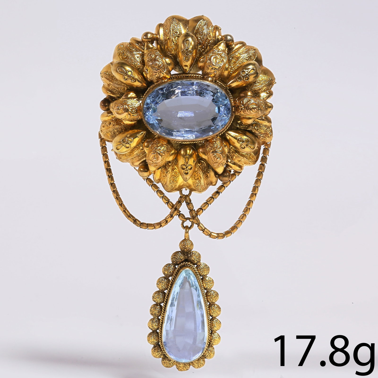 RARE ANTIQUE AQUAMARINE DROP BROOCH: RARE ANTIQUE AQUAMARINE DROP BROOCH,17.8 grams, testing high carat gold.Vibrant aquamarines totalling approx. 18 ct.L. 8.3 cm.