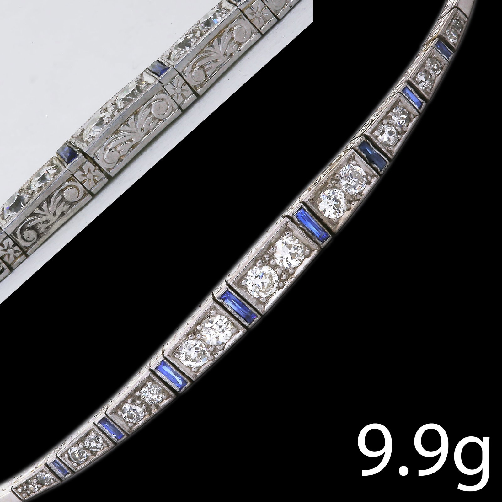 ELEGANT ART DECO SAPPHIRE AND DIAMOND BRACELET: ELEGANT ART DECO SAPPHIRE AND DIAMOND BRACELET 9.9 grams platinum vibrant sapphires bright old cut diamonds fine craftsman shipL 18 cm