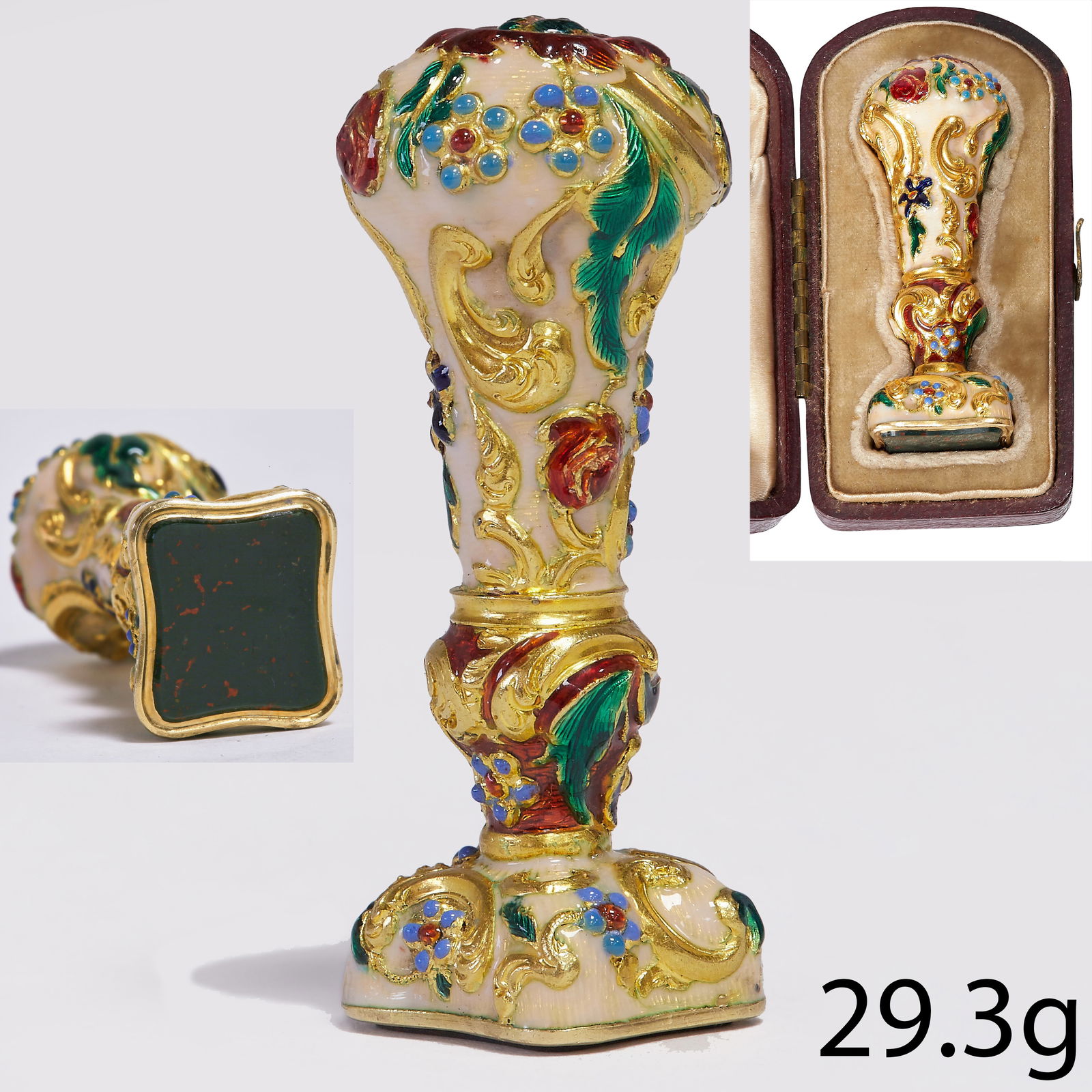 MAGNIFICENT 19TH CENTURY ENAMEL SEAL: MAGNIFICENT 19TH CENTURY ENAMEL SEAL.29.3 grams, testing 18 ct. gold. Fine multi colour enamel, enamel in great condition.Bloodstone seal plaque.L seal 5.5 cm, Fitted case.