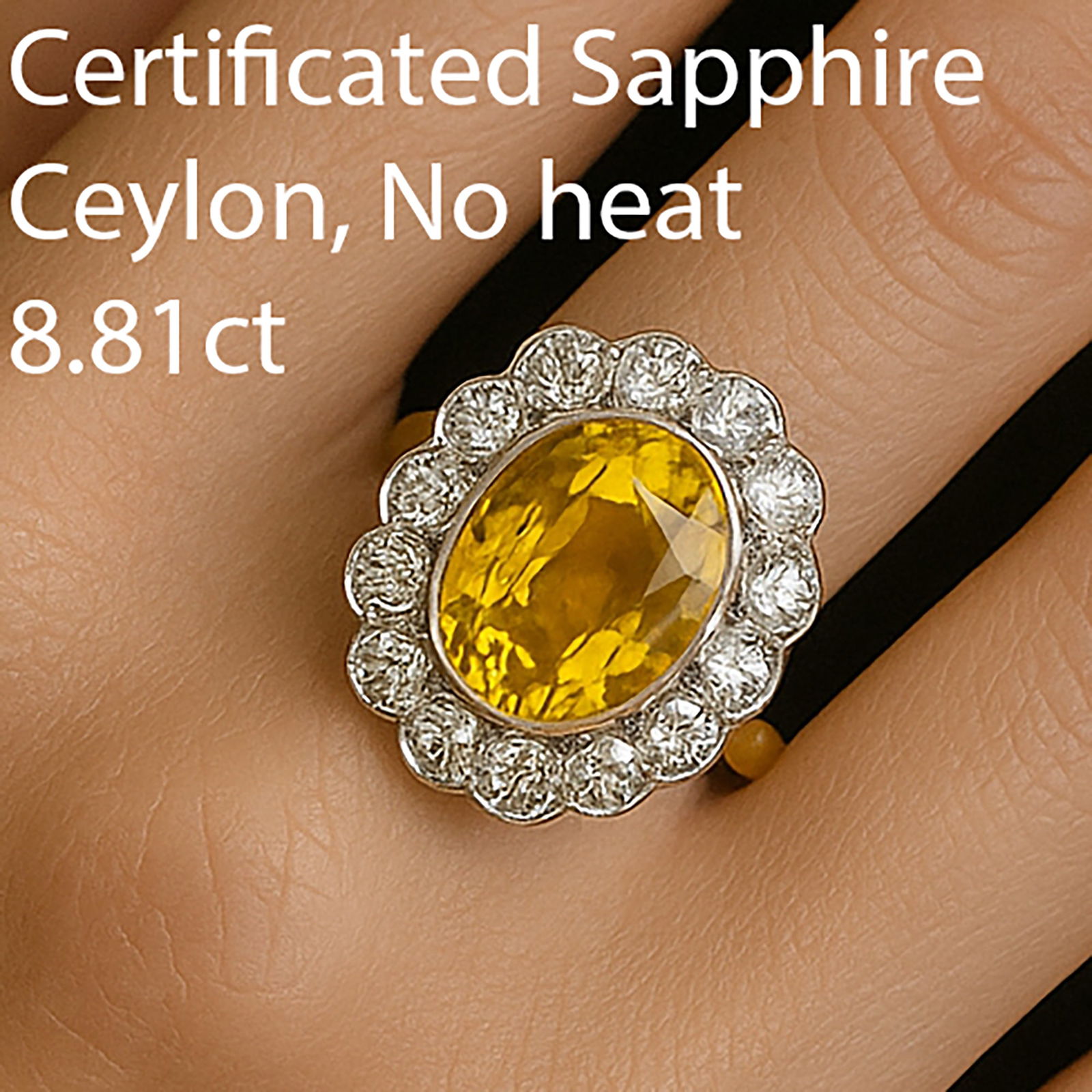ELEGANT CERTIFICATED CEYLON NO HEAT YELLOW SAPPHIRE AND DIAMOND CLUSTER RING (1 of 3)