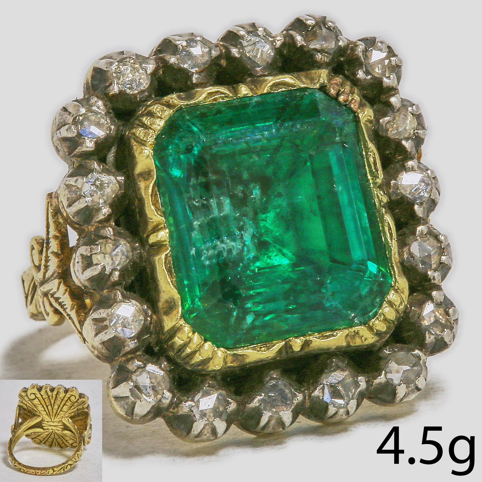 FINE ANTIQUE EMERALD AND DIAMOND CLUSTER RING (1 of 2)