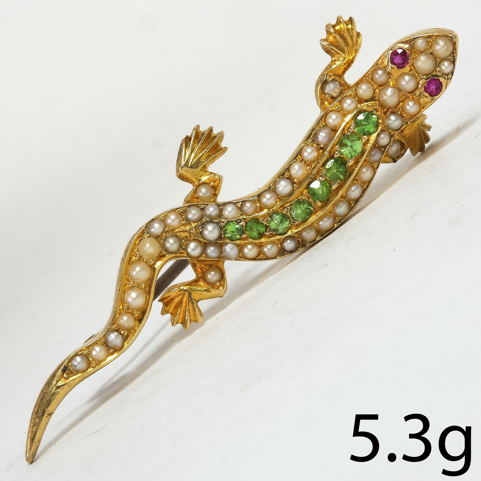 VICTORIAN DEMANTOID GARNET PEARL AND RUBY LIZARD BROOCH (1 of 1)