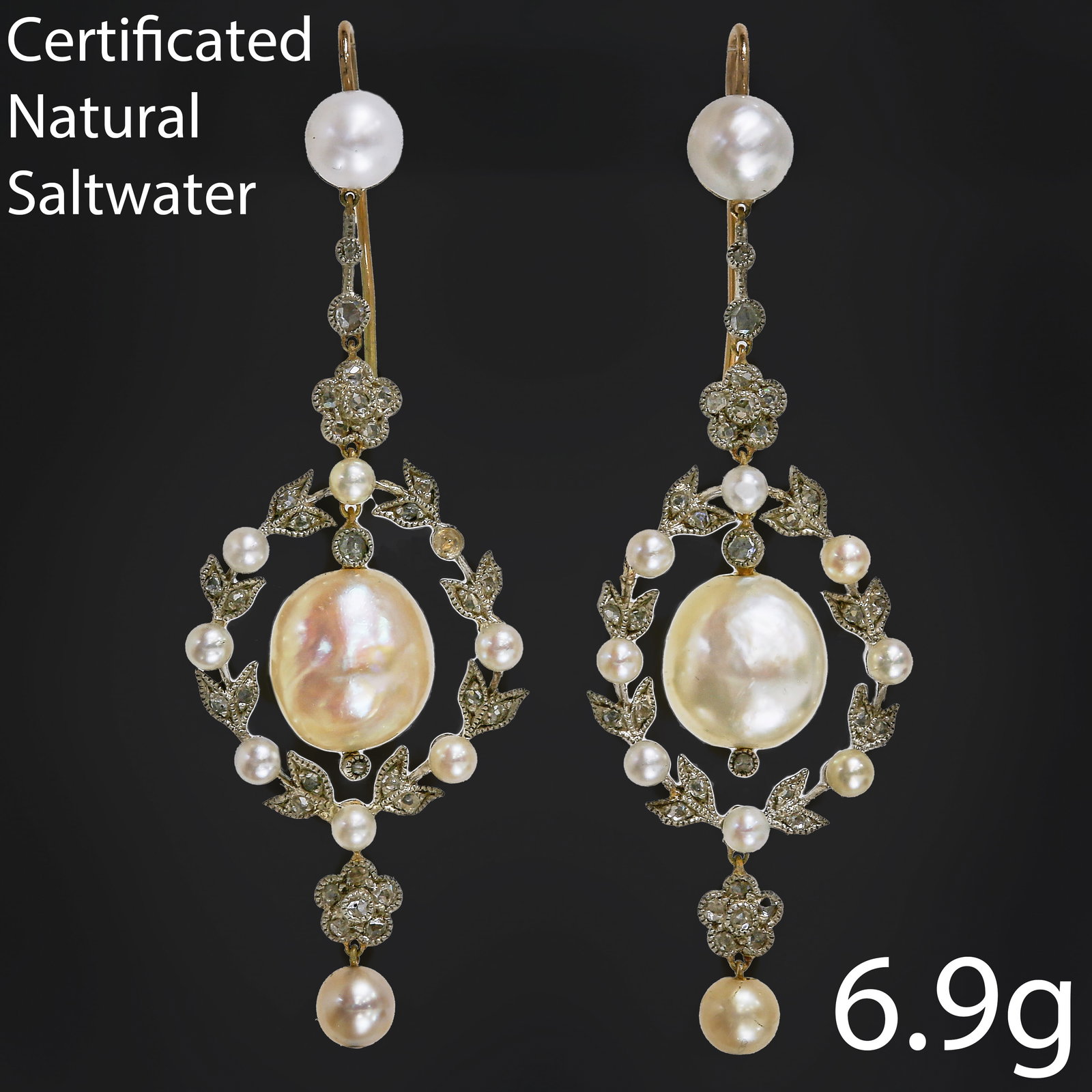 CERTIFICATED NATURAL SALTWATER PEARL AND DIAMOND BELLE EPOQUE EARRINGS: CERTIFICATED NATURAL SALTWATER PEARL AND DIAMOND BELLE EPOQUE EARRINGS 6.9 grams set ith beautiful natural saltwater pearls right lively diamonds fine craftsmanship L 6 cm for certificate details, see