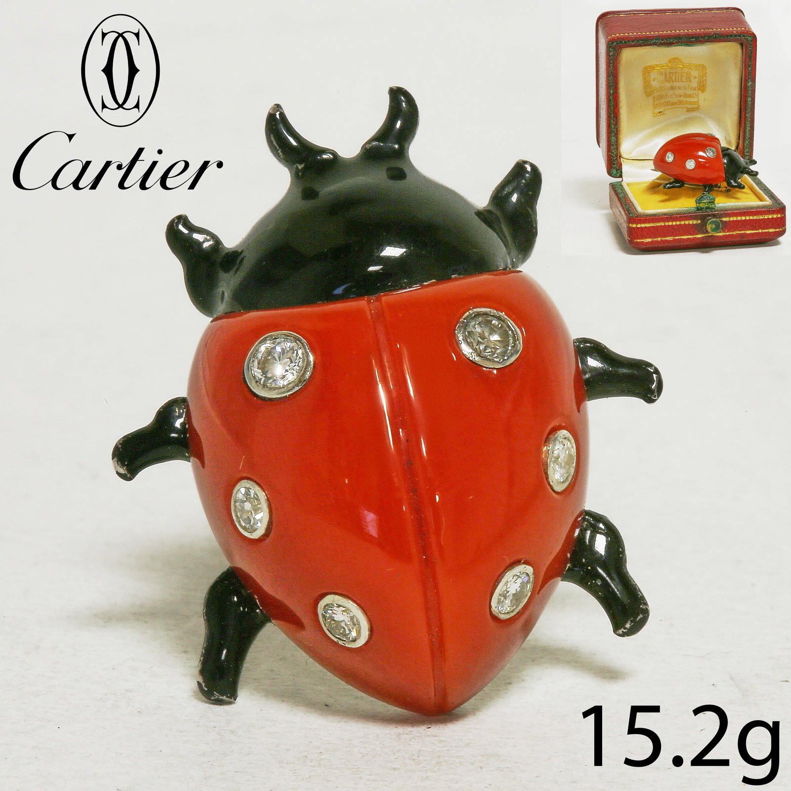 CARTIER, CORAL, DIAMOND AND ENAMEL LADYBUG BROOCH, (1 of 2)