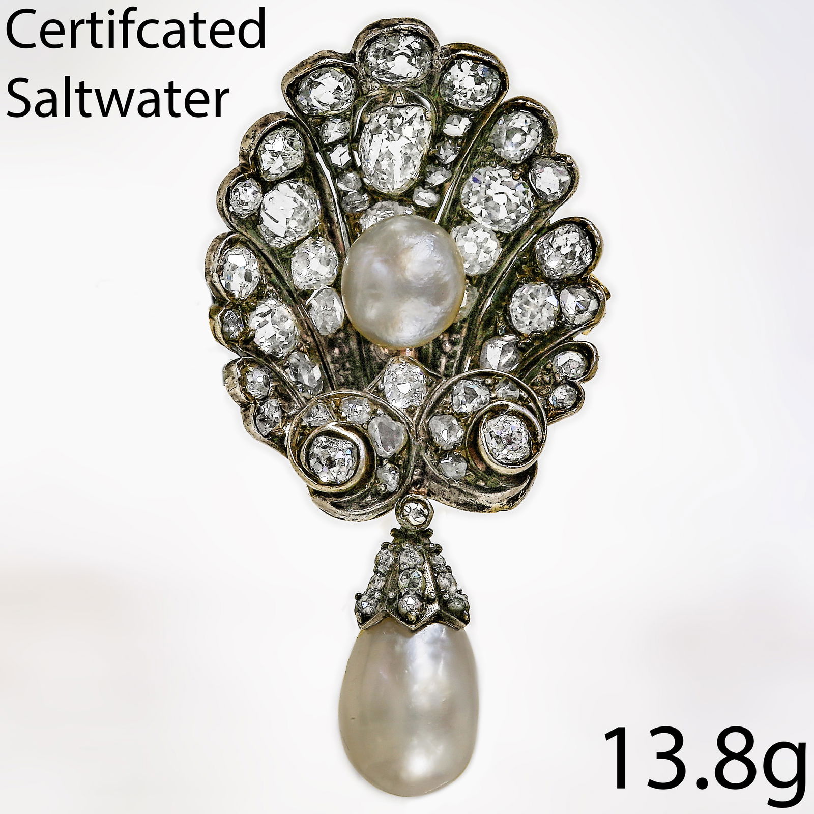 MAGNIFICENT CERTIFICATED NATURAL SALTWATER PEARL AND DIAMOND SHELL BROOCH