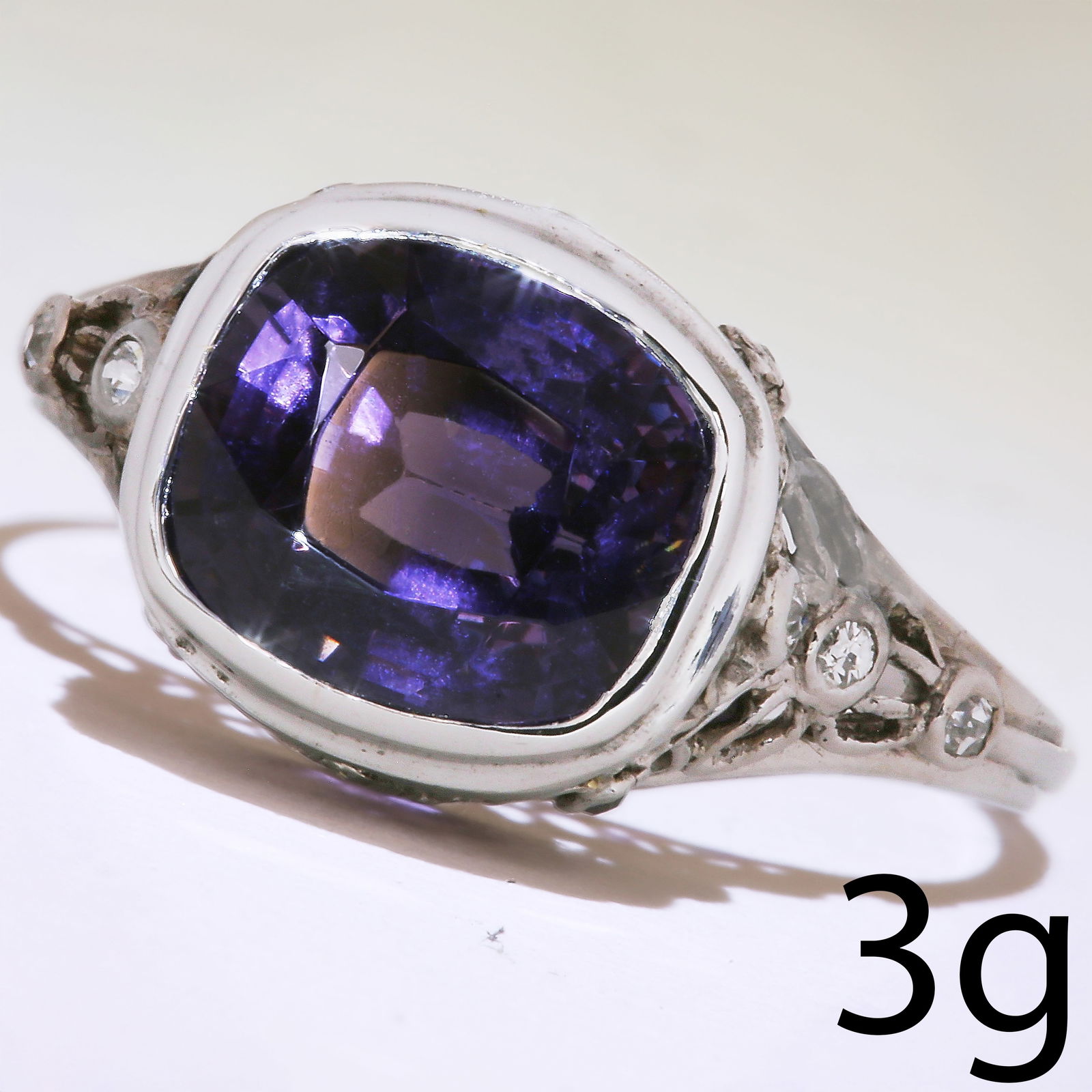 ART DECO PURPLE SPINEL AND DIAMOND RING: ART DECO PURPLE SPINEL AND DIAMOND RING,3 grams, testing platinum.Vibrant purple spinel.Diamonds bright and lively.Size N 1/2.