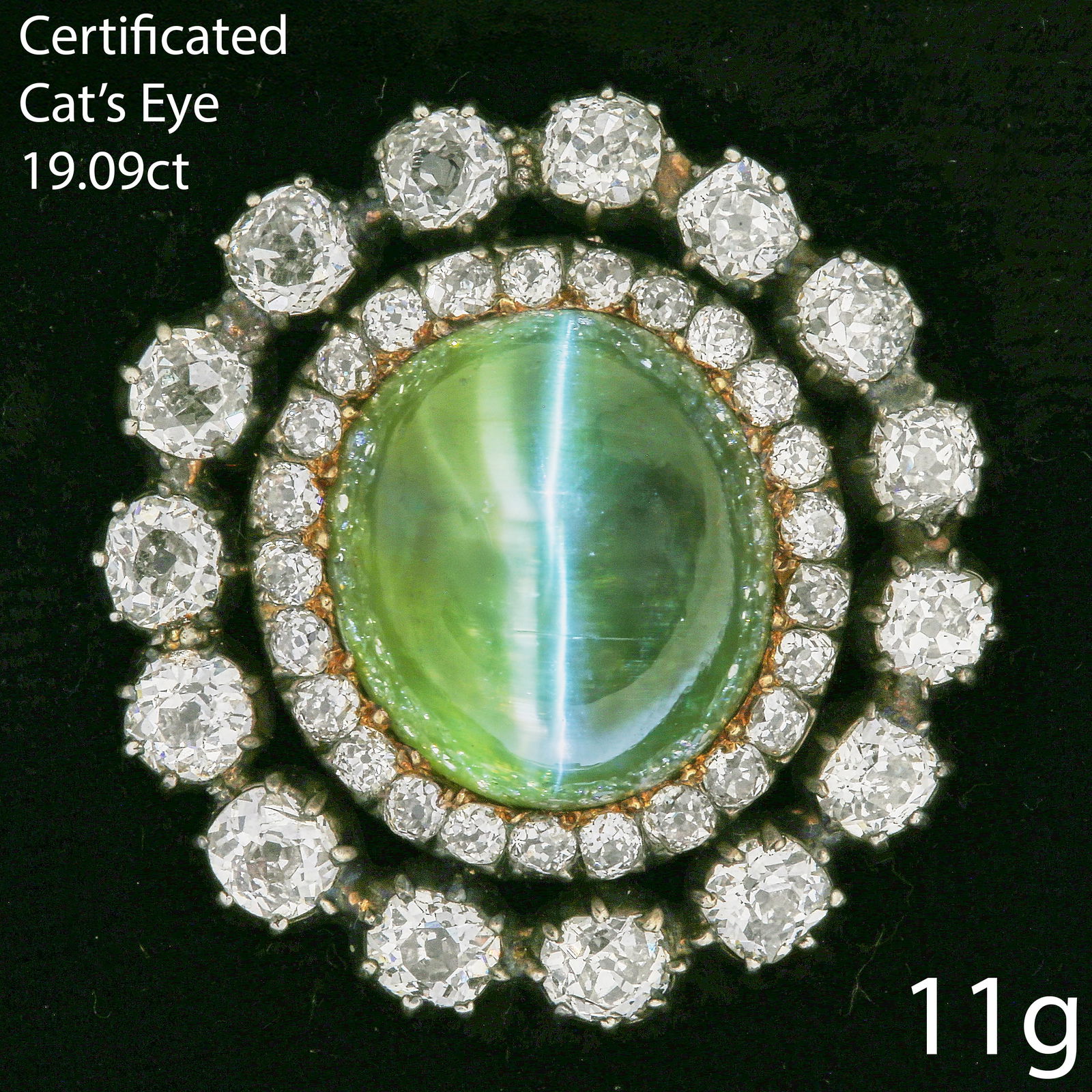 IMPORTANT CERTIFICATED 19.09 CT. CAT'S EYE AND DIAMOND CLUSTER BROOCH (1 of 2)